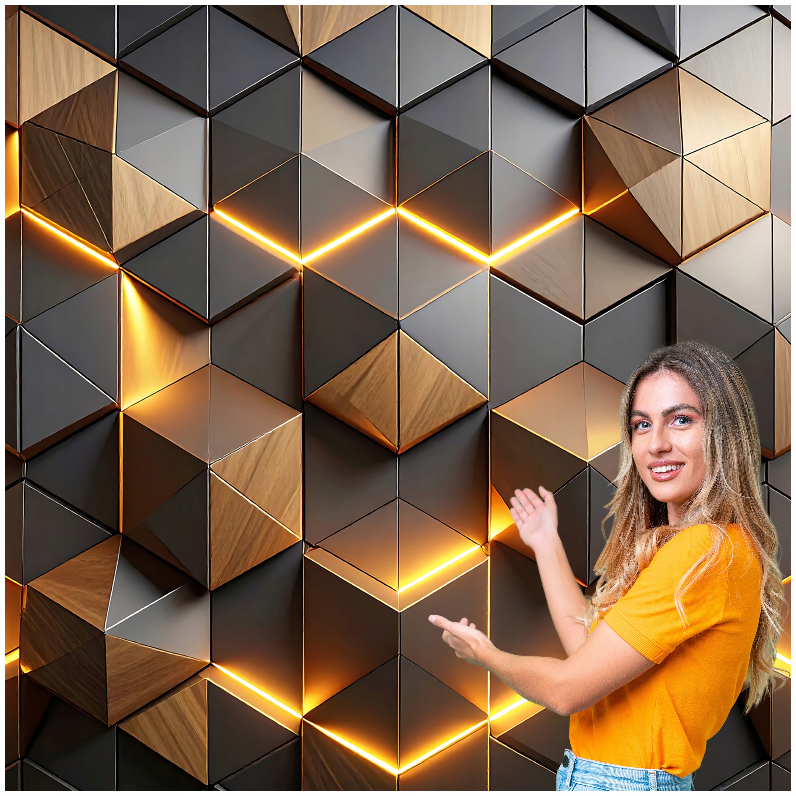 Fototapeta 3D Geometrické Pozadie Drevené trojuholníky Zlaté 294x260 GTA20F