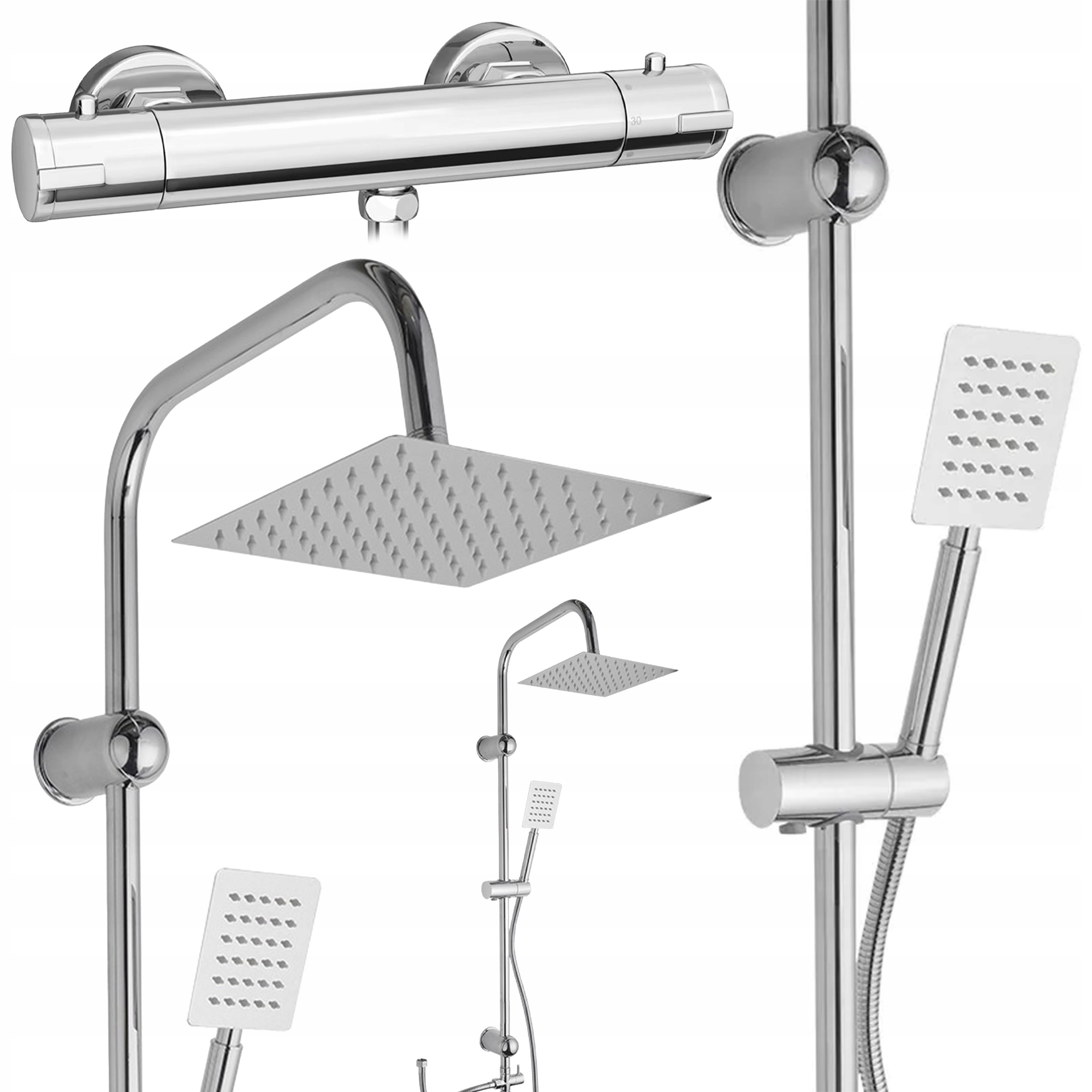 ZESTAW PRYSZNICOWY BATERIA TERMOSTAT CHROM DESZCZOWNICA REGULACJA WYSOKOŚCI