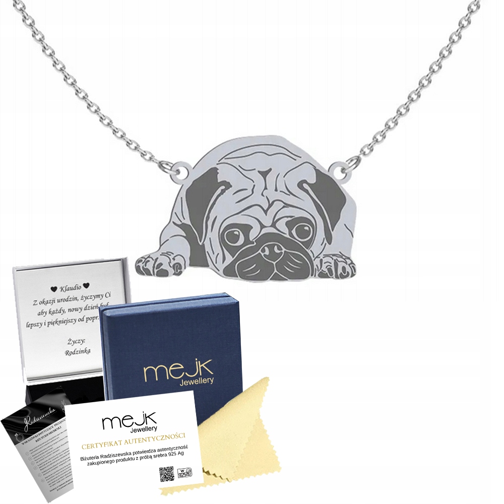 Stříbrný náhrdelník s mopsem Ag925 Šperk jako Dárek pro ženu k narozeninám s možností Gravírování