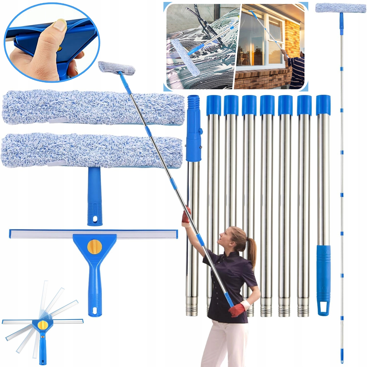 Teleskopická Myčka Oken 300 CM Mop Stěrka Na Sklo Dlouhá 2V1 Sada