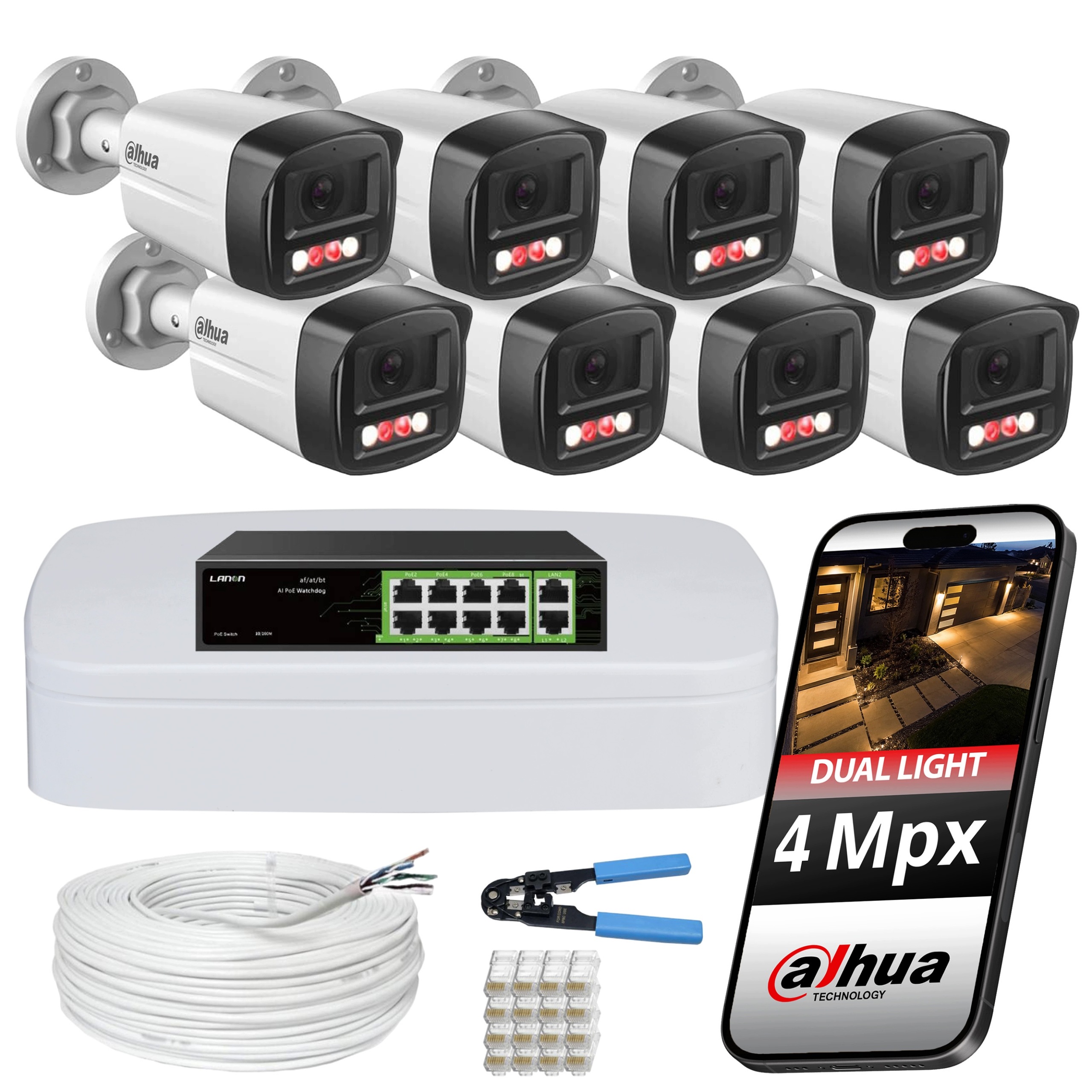 Monitorovací sada společnosti Dahua pro 8 tubusových kamer 4Mpx Ip PoE switch mikrofon