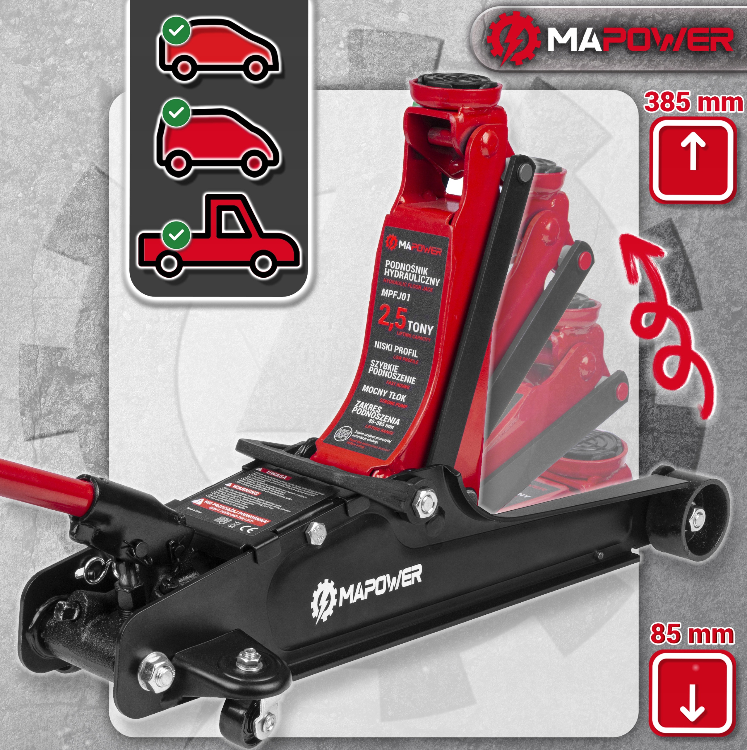 PODNOŚNIK SAMOCHODOWY HYDRAULICZNY PUNKTOWY ŻABA LEWAREK [ 2.5T ] MAPOWER Marka MAPOWER