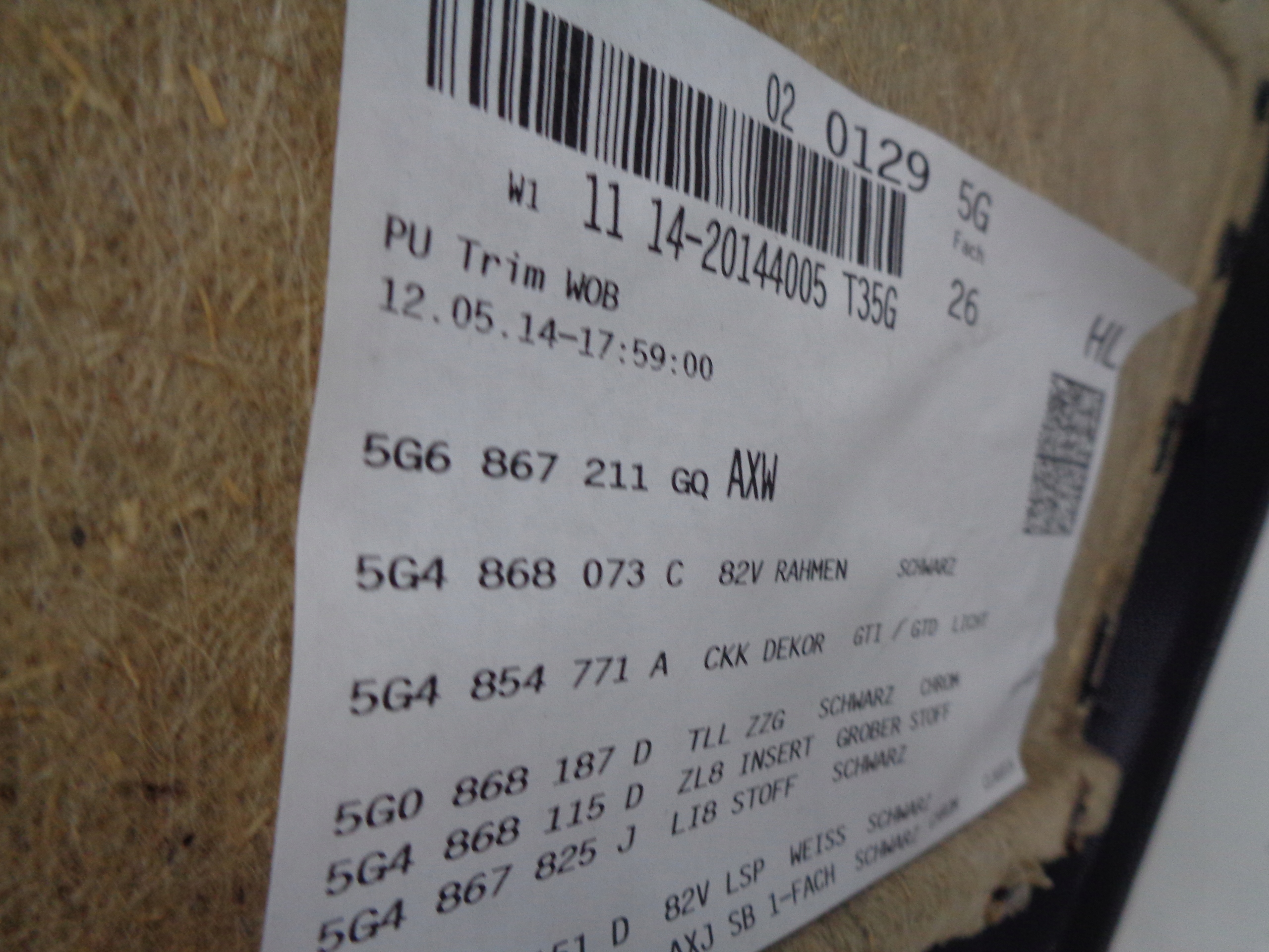VW GOLF VII upholstery side door left rear part GTI