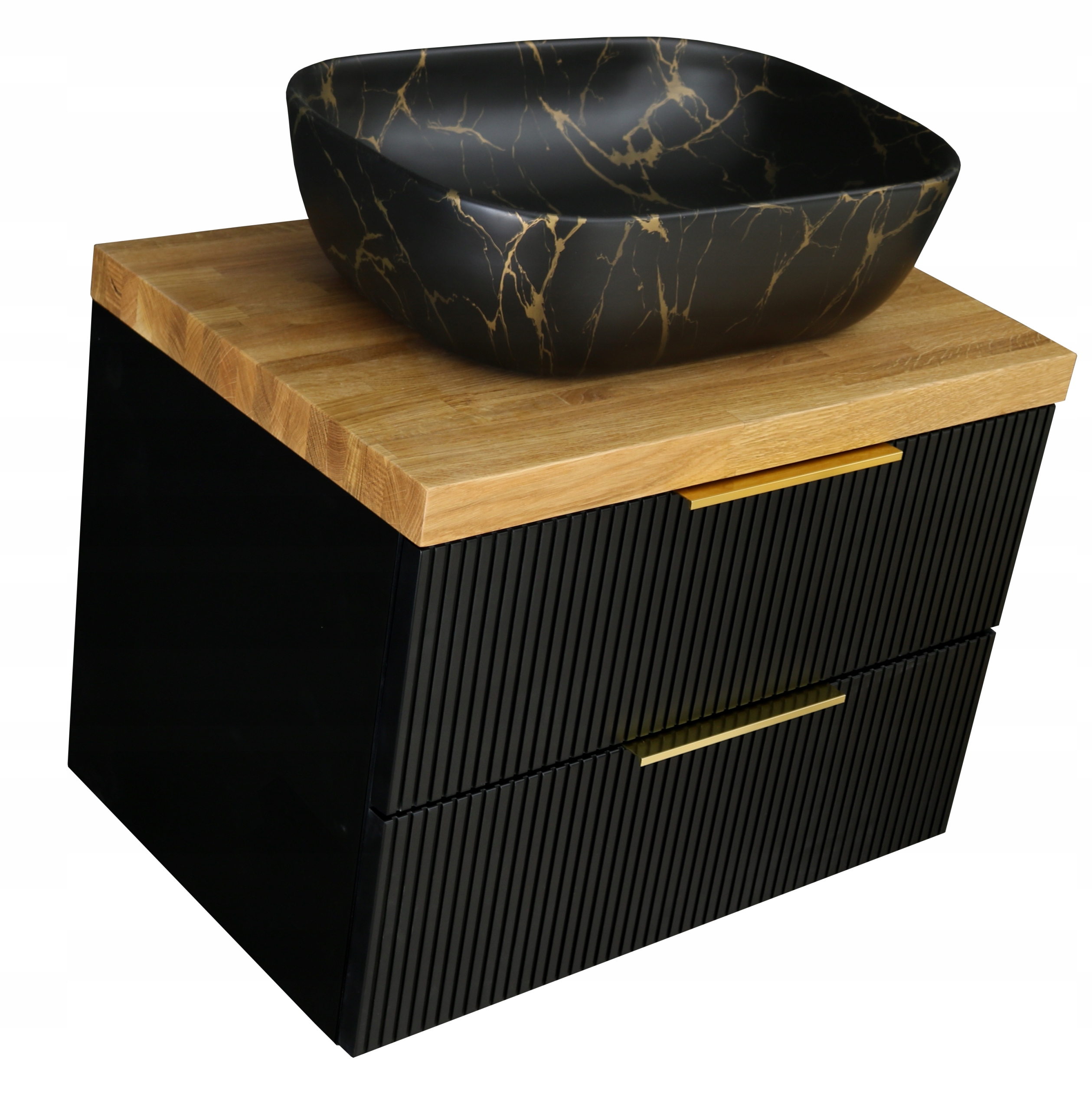 RYFLOWANA SZAFKA POD UMYWALKĘ 80 CM | BLAT DĄB | CZARNY LAKIER MAT | MDF Typ pod umywalkę
