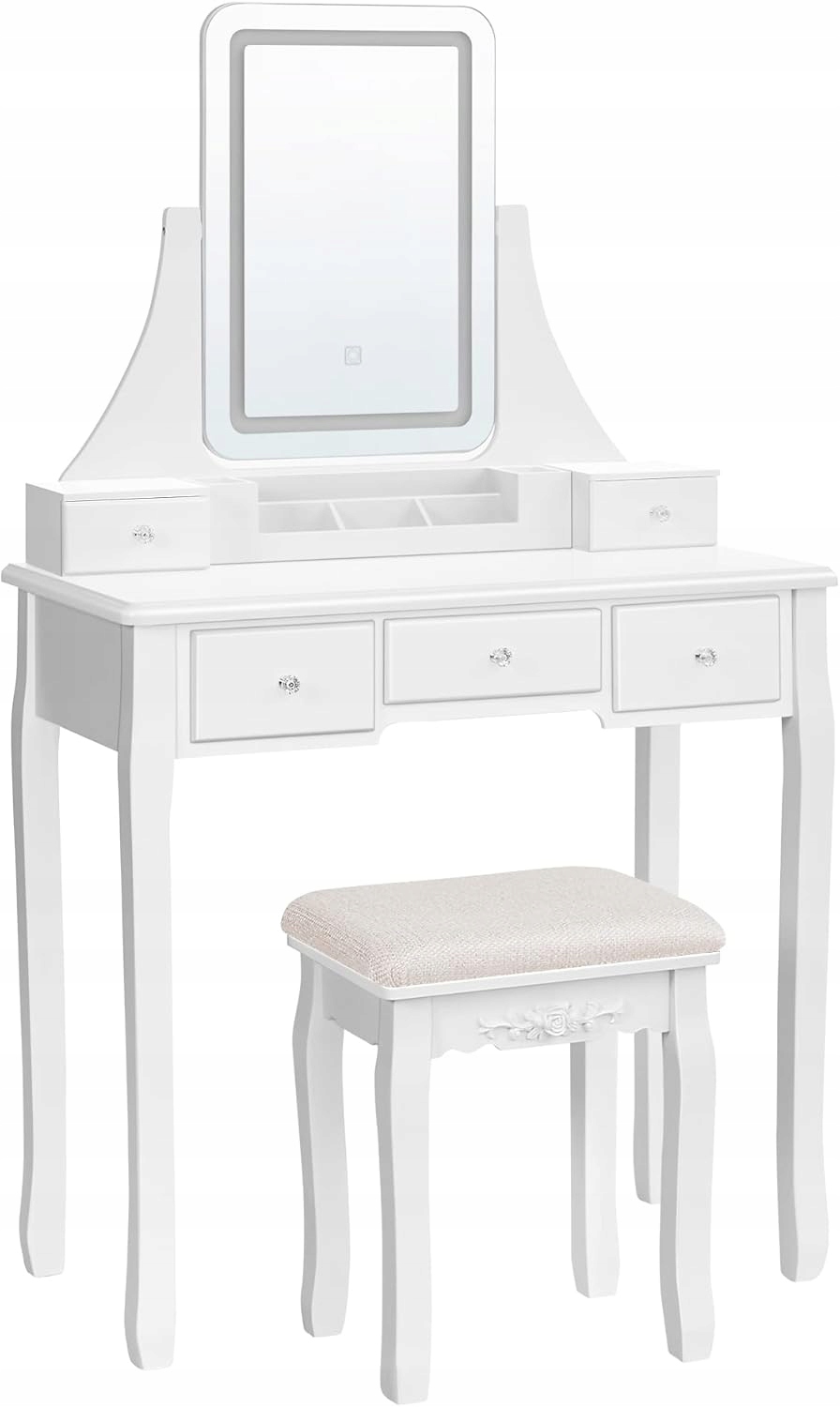 Vasagle Toaletka Led 3 lustro 360° taboret 5 szuflad biała