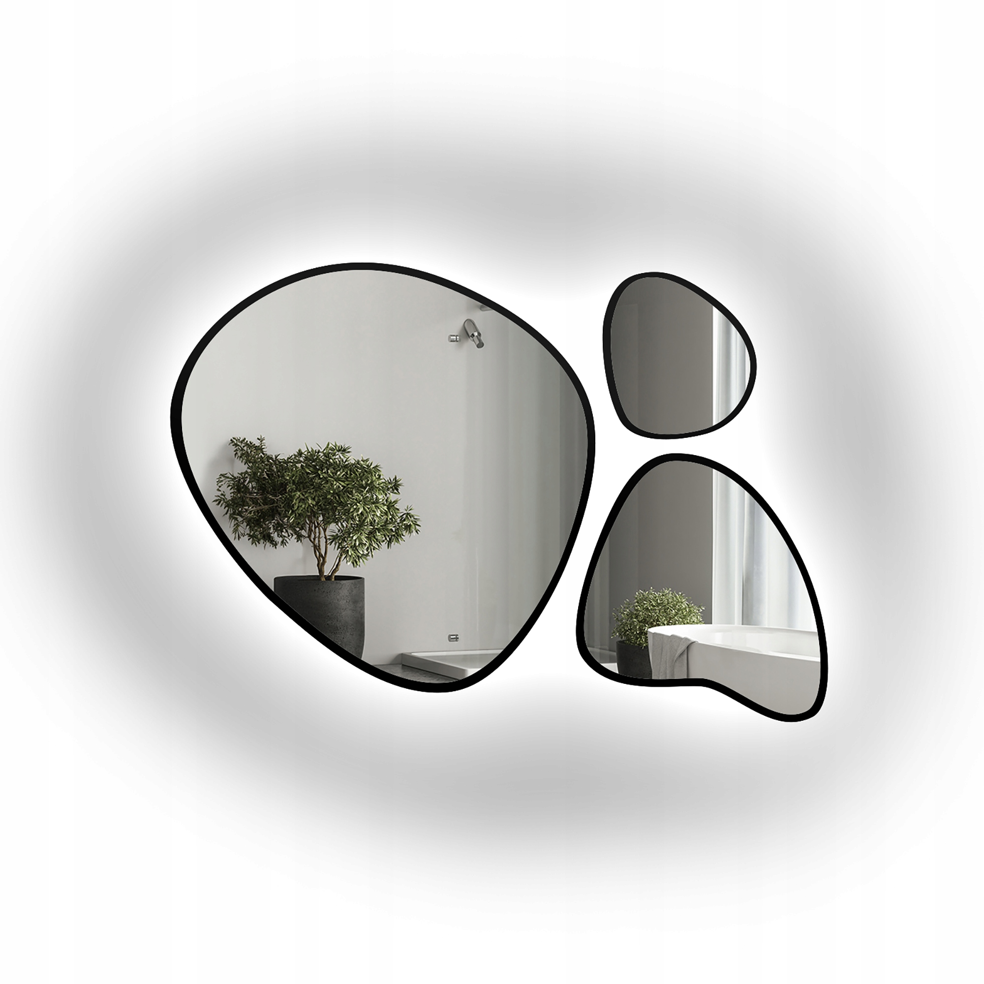 Sada tří zrcadel Flora v černém rámu s Led podsvícením 170 x 115 cm