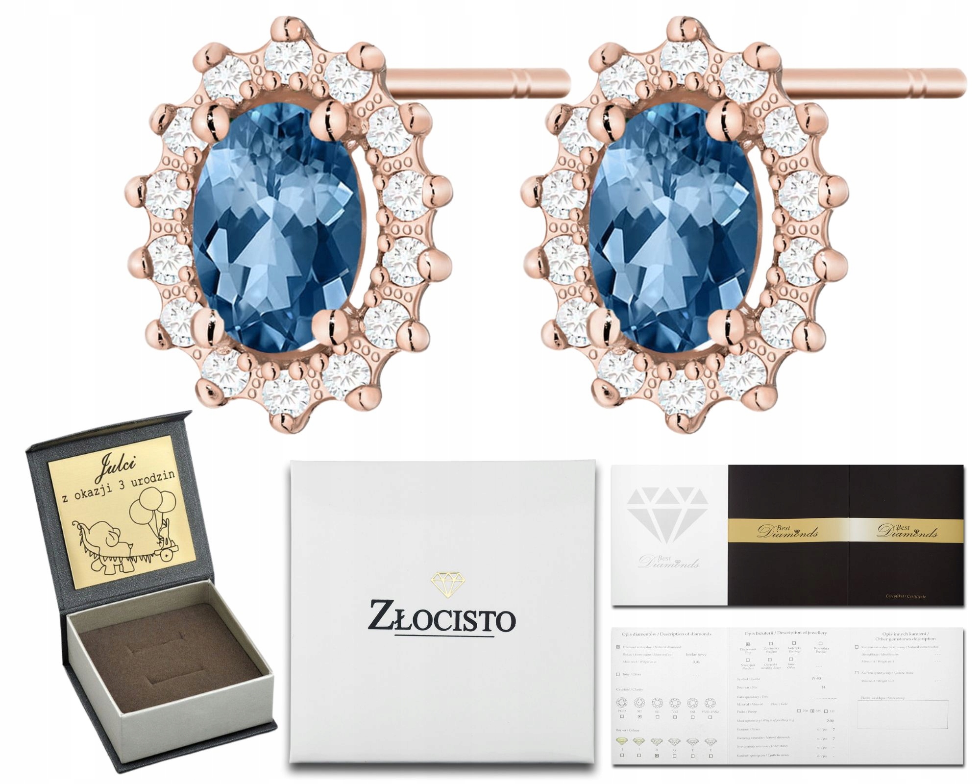 Růžové Zlato Náušnice Topazy London Blue Brilianty Na Tyči Zlato 585 14K