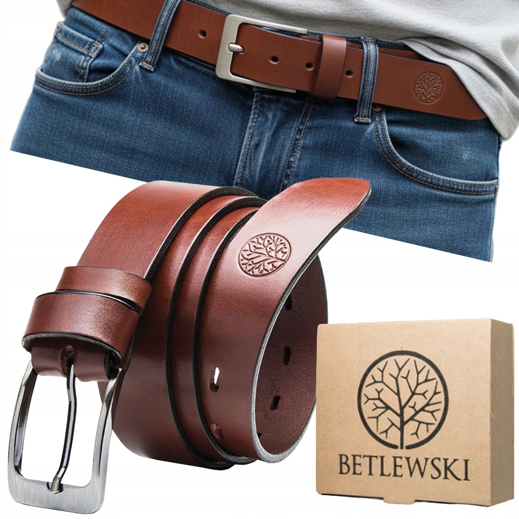 Pasek skórzany męski betlewski do spodni brązowy długość 110 cm