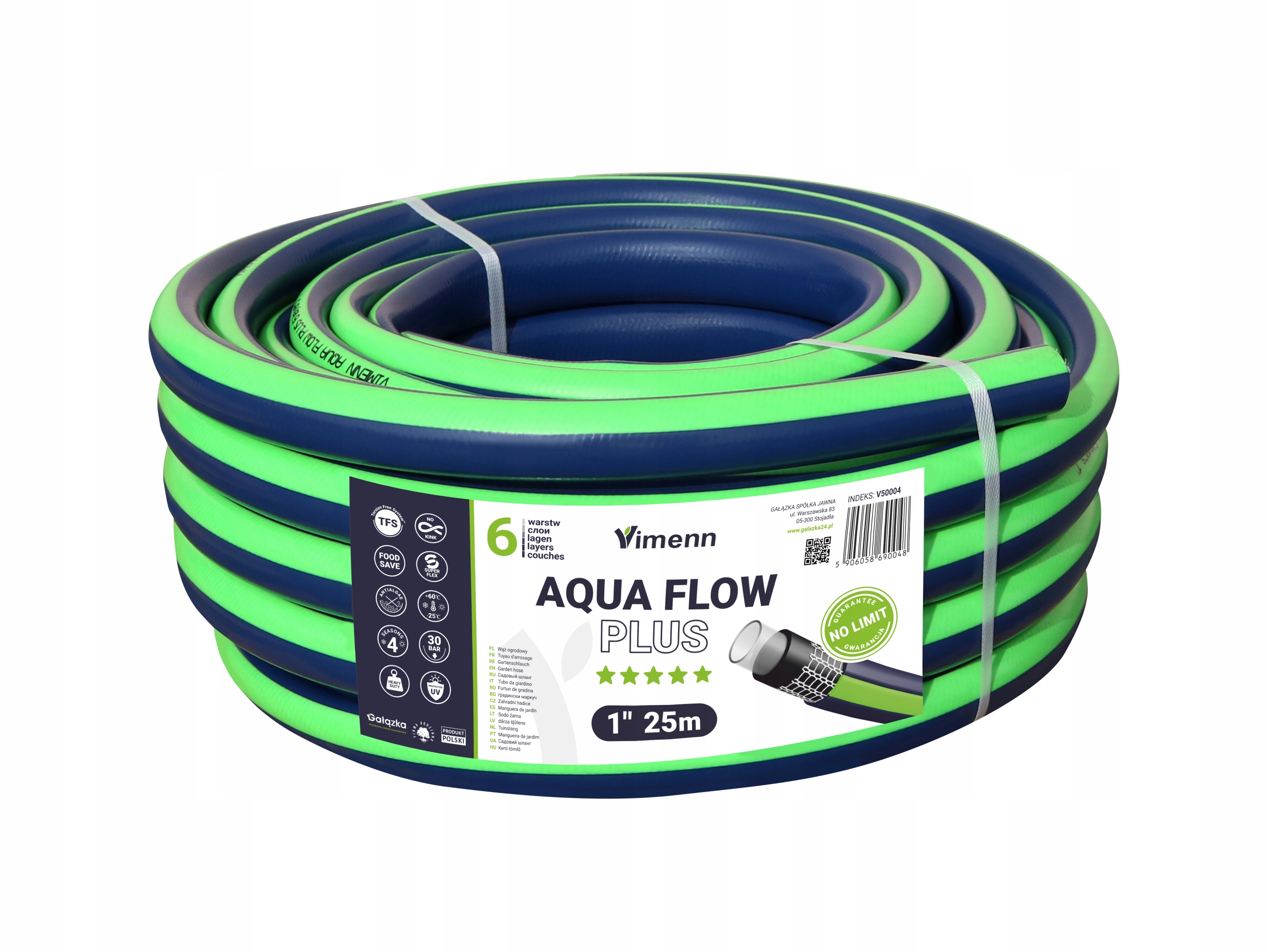 Wąż Ogrodowy Vimenn 6 Warstw 1" 25m Aqua Flow Plus Polski