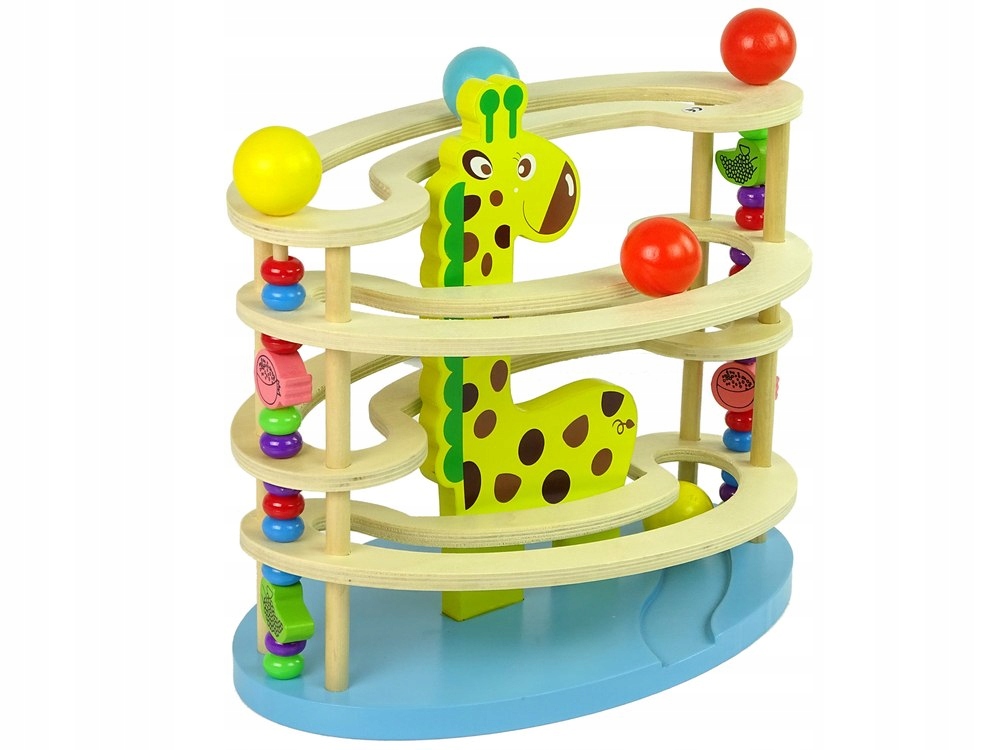 DREWNIANA ZJEŻDŻALNIA TOR DLA PIŁECZEK KULODROM ŻYRAFA KORALIKI Marka LEANToys