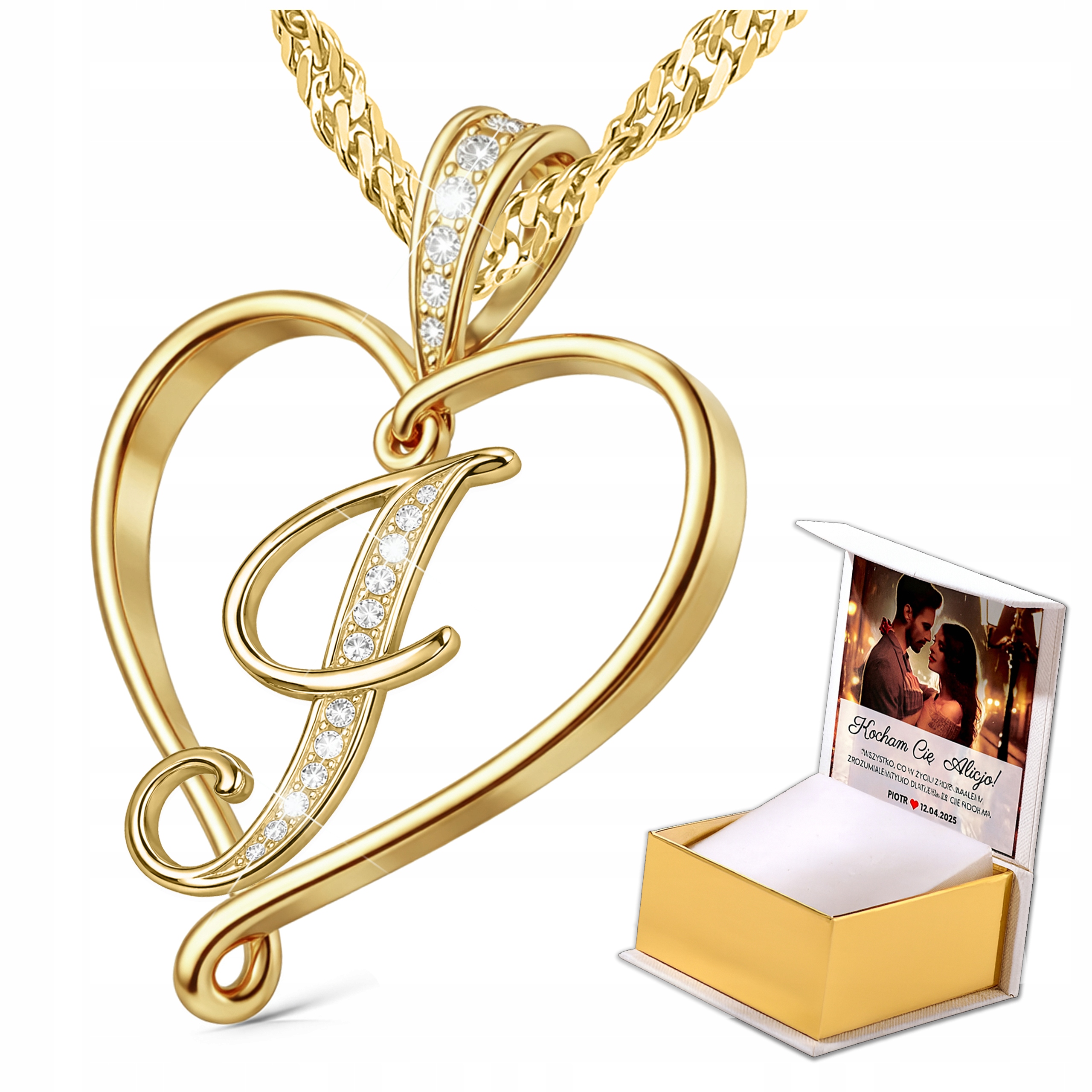 Zlatý náhrdelník s písmenem písmene J Pozlacený Přívěsek Srdce Stříbro Potisk