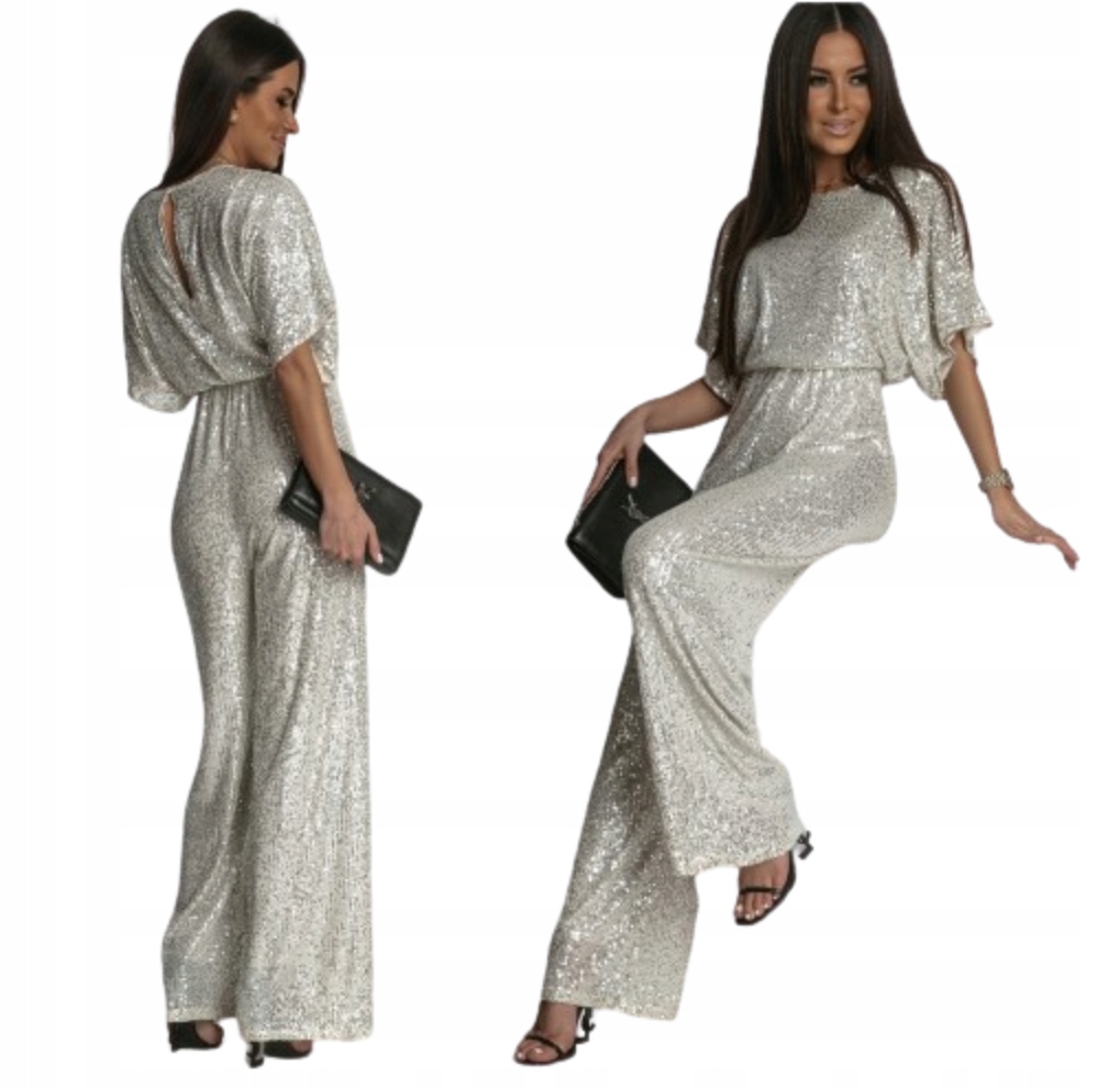 Šampaňská (béžovo-stříbrná) flitry elegantní kombinéza