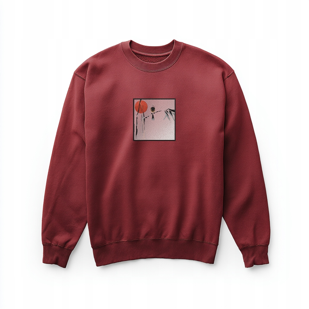 Bordová Mikina s výšivkou „Červené slunce a bambus“ Premium M