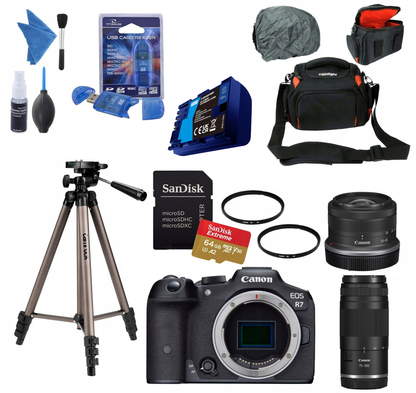 Canon Eos R7 Rf-s 18-45mm Is Stm Rf 75-300 F4-5.6 Akcesoria 2x Aku