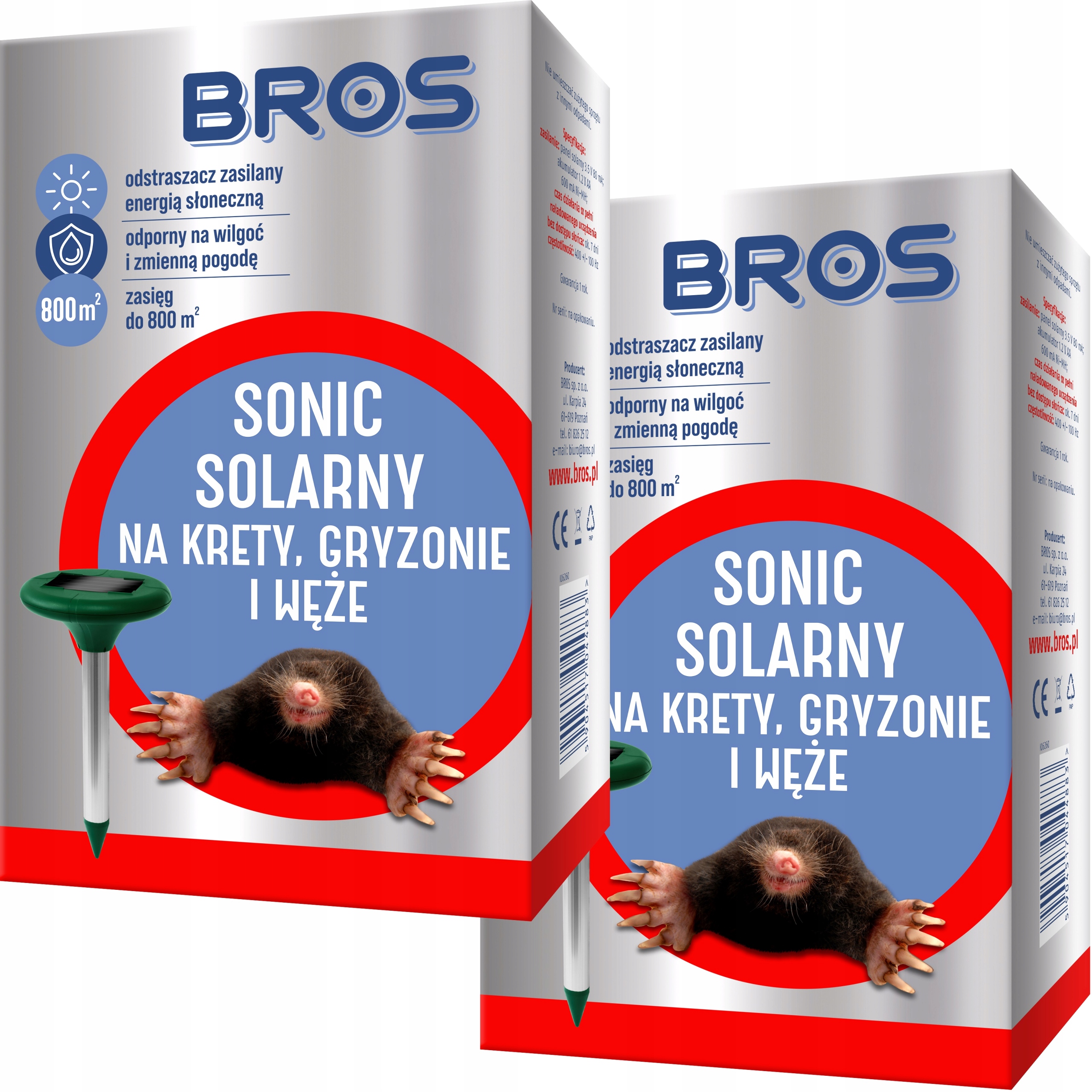 Bros Sonic Solarny na krety nornice gryzonie i węże, zasięg do 800 m² 2 szt