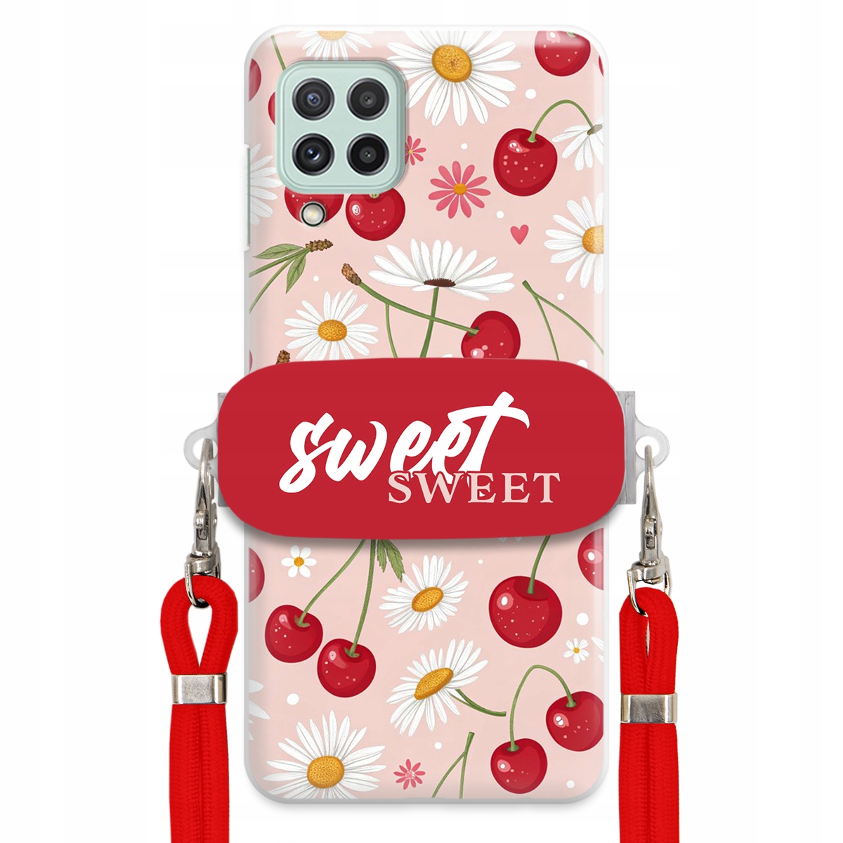 Puzdro pre Samsung A22 5G Červené vodítko Crossbody držiak Sweet Kvet čerešne