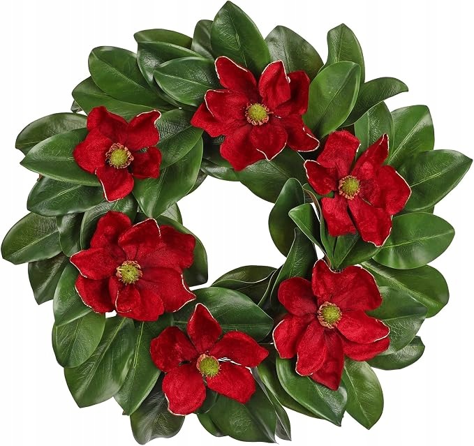 Dekorativní věnec umělá magnolie na dveře Vánoce 38 cm červený