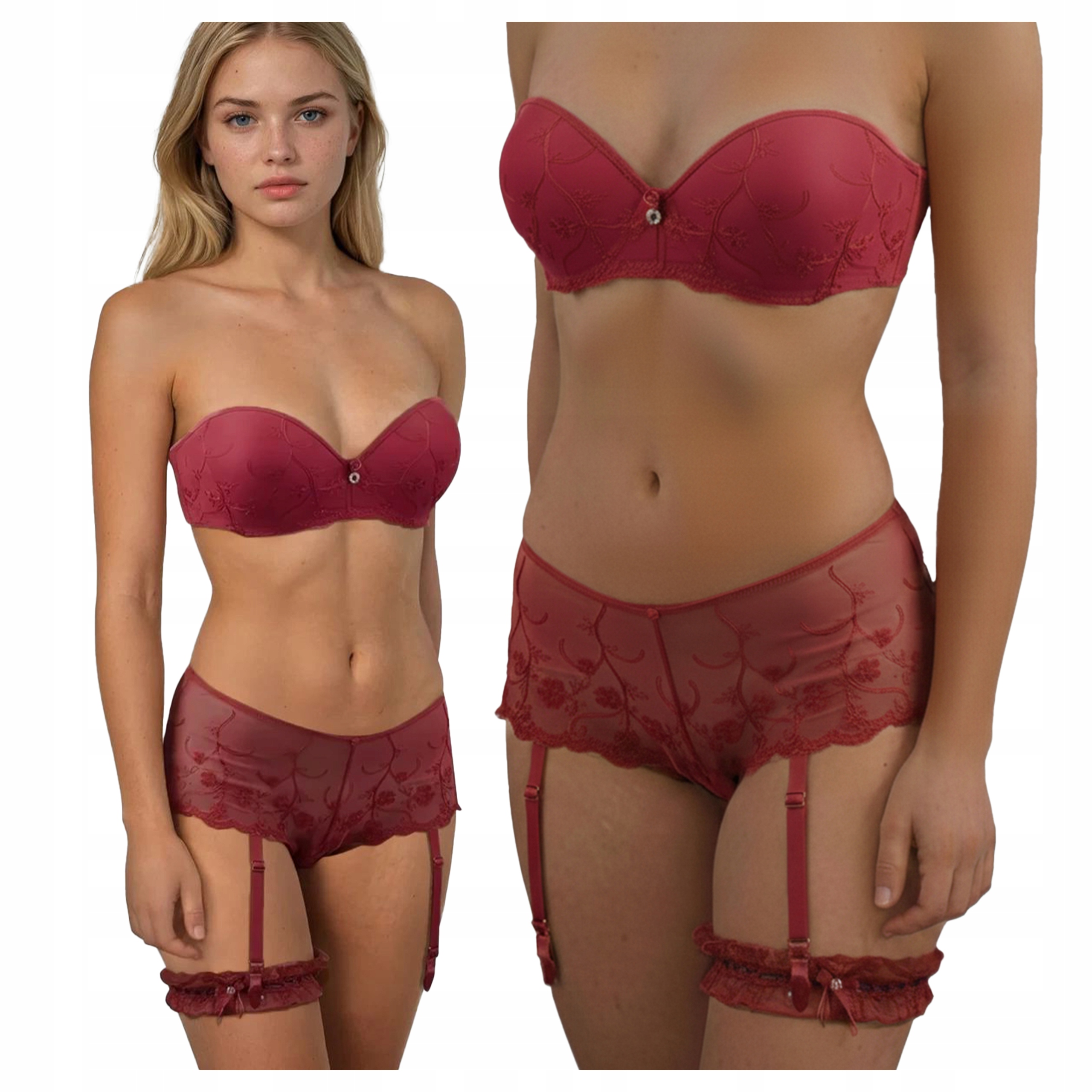 Elegantní komplet spodního prádla Podprsenka Push-Up+Figi+Podvazek Červená 70C