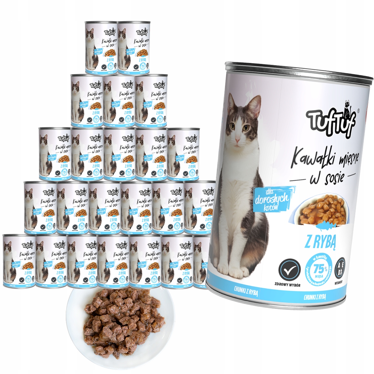 Levně Mokré Krmivo Pro Kočky TufTuf konzerva, masové kousky s rybou, Set 24x415 g