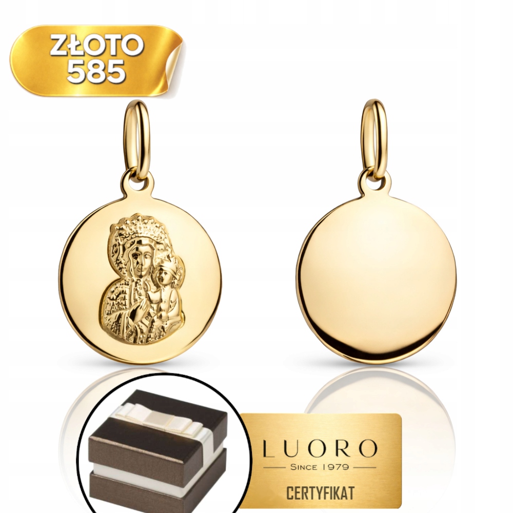 Medailon Zlatý 585 14K Panna Maria Čenstochovská Kruh 20 MM Žlutý Gold