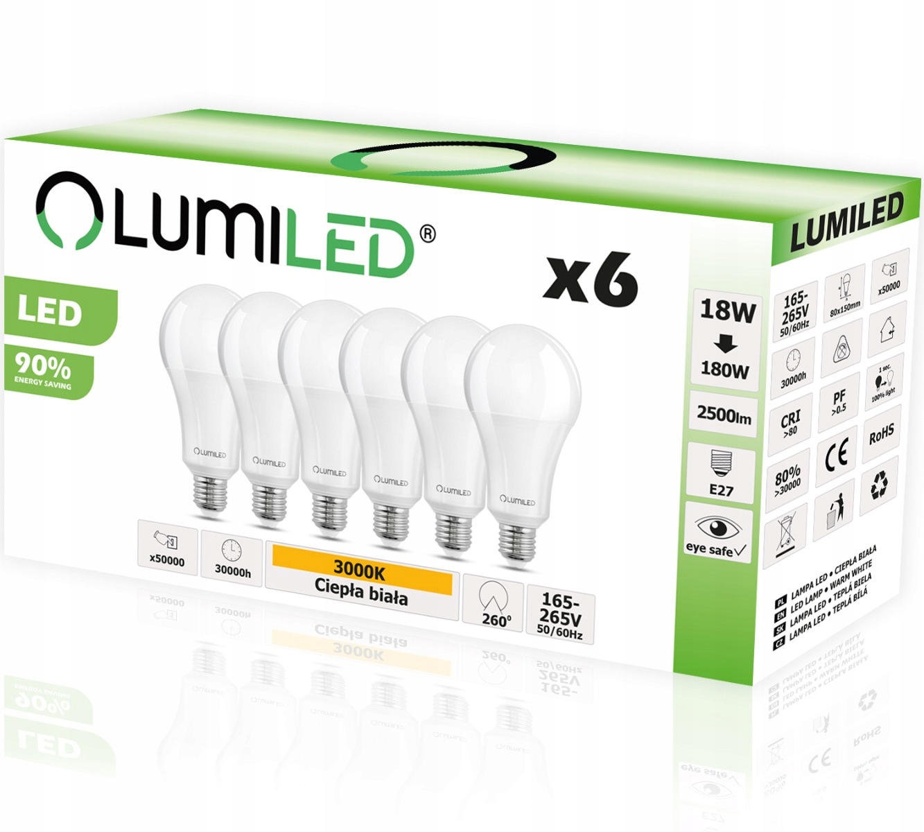 

6x Żarówka Led E27 18W 180W 2500lm Lumiled 3000K