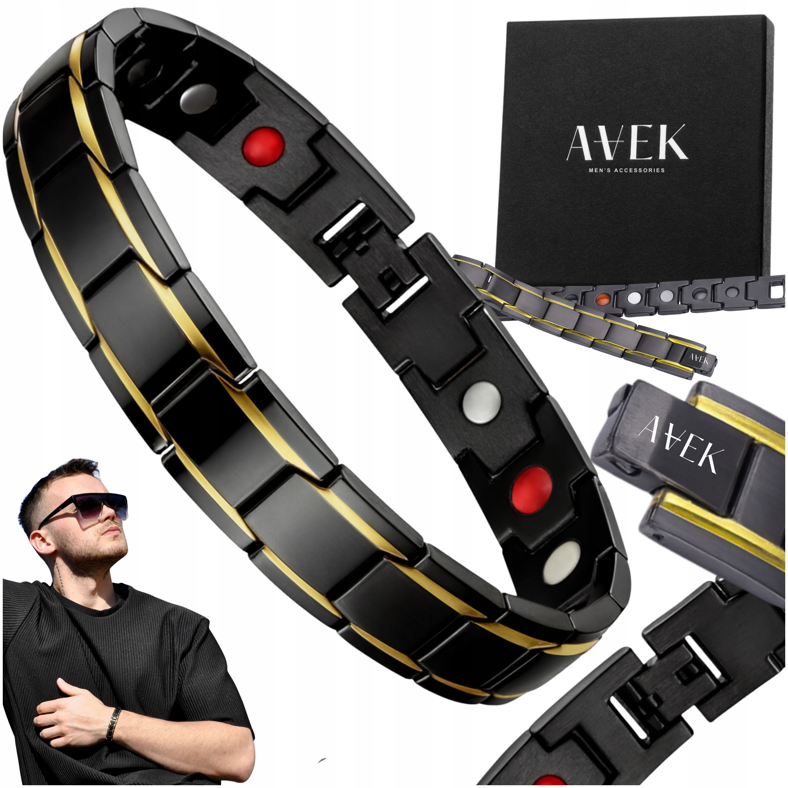 Pánský Náramek Z Oceli Magnetický Černý Zdravotní Zlatý 23,5 CM Avek
