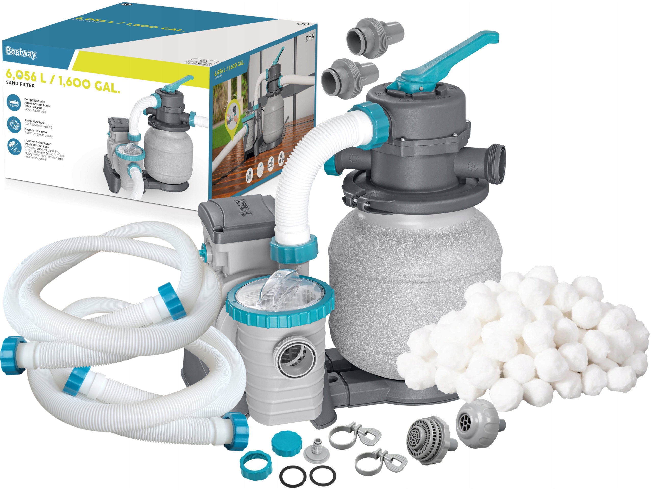 Bestway 58497 Pompa Piaskowa Filtrująca 6056L/h węże Kulki Filtracyjne 500g