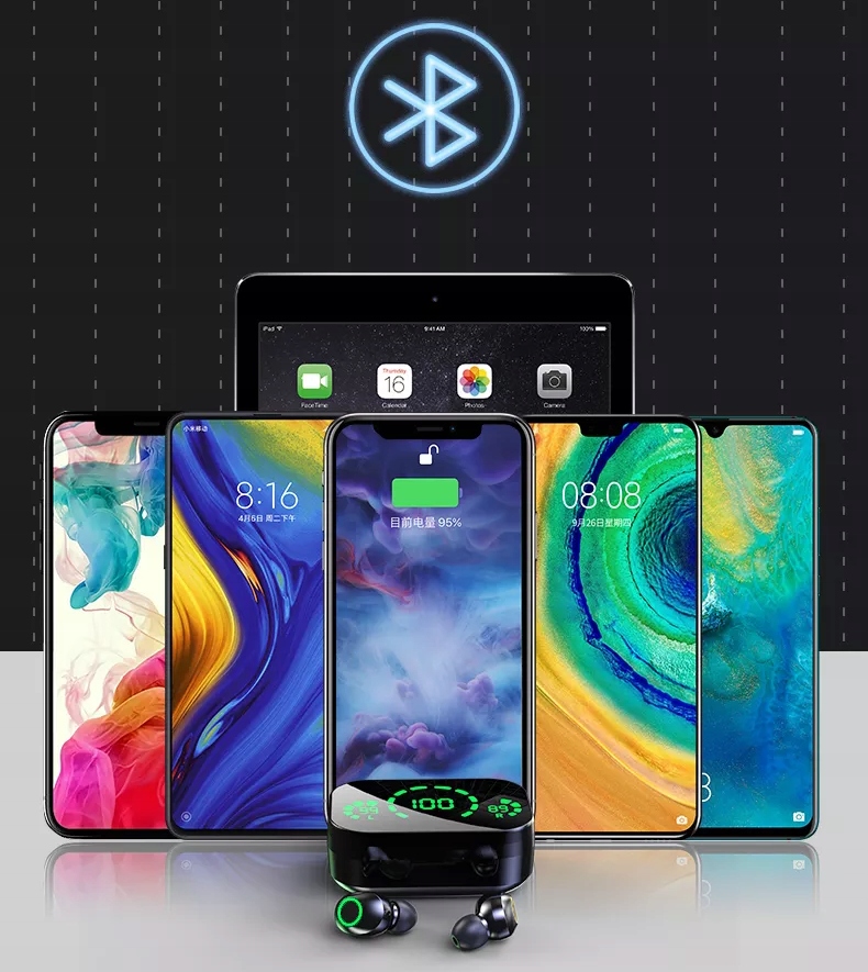 SŁUCHAWKI BEZPRZEWODOWE BLUETOOTH POWERBANK WYŚWIETLACZ LCD Z LUSTERKIEM Konstrukcja otwarta