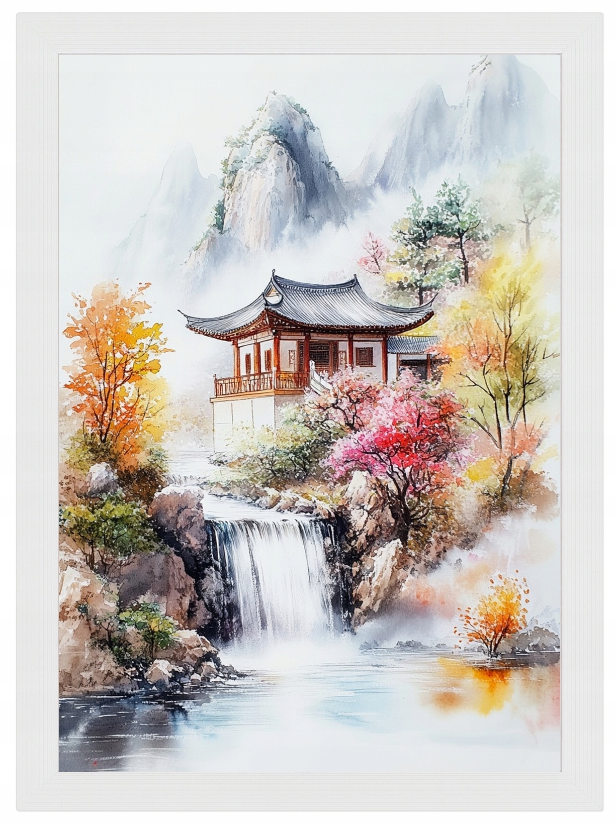 Plakát Rámeček Dřevo Japonsko Asie Hory Vodopád Barevné Stromy 70x100