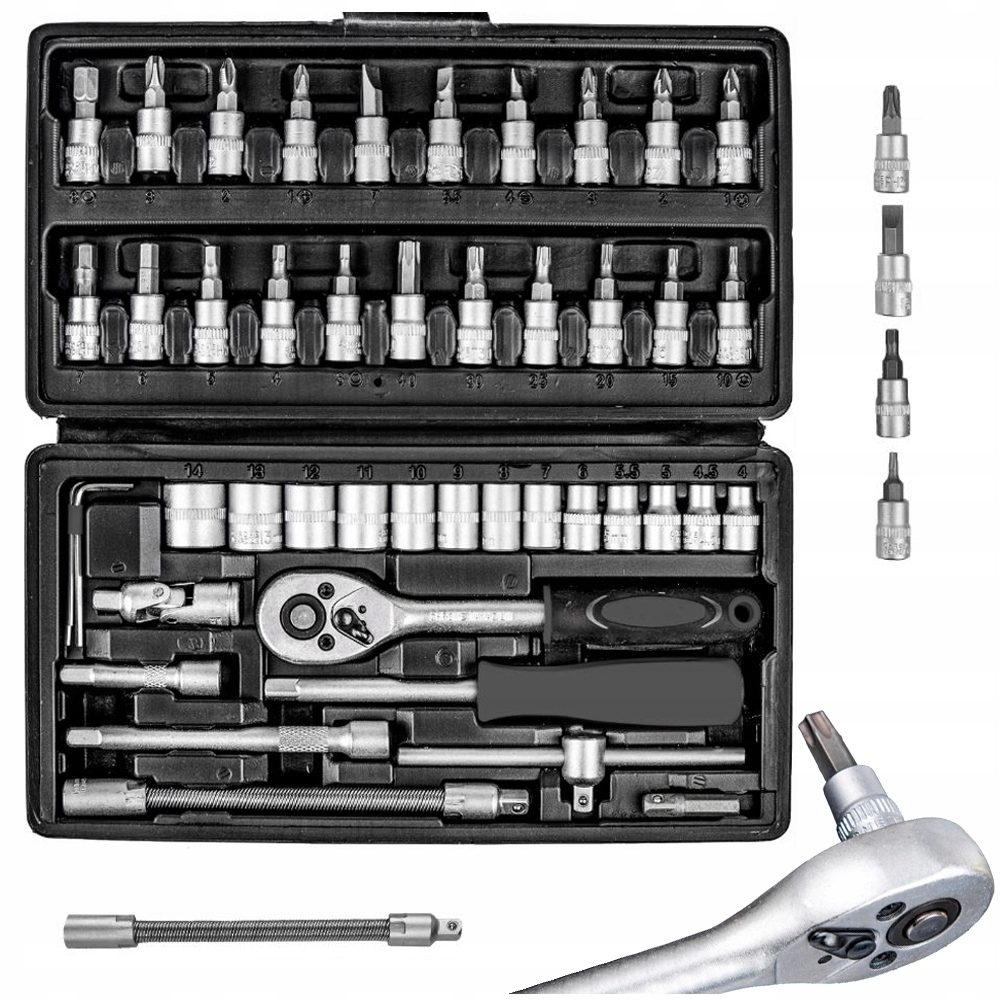 Sada nástrčných klíčů, kufr na nářadí 46 dílů 1/4 1/2 palce