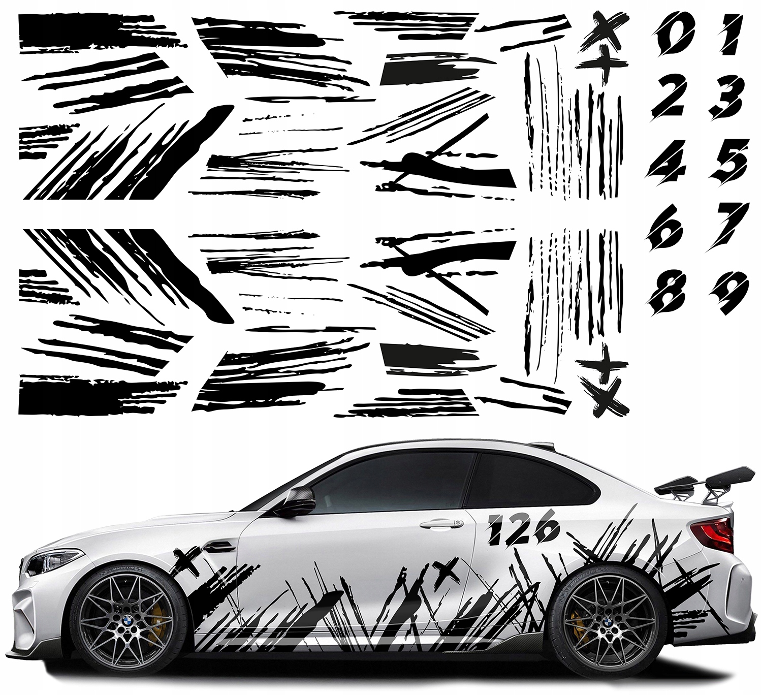 2x Nálepka Grafika na auto Motív Mazie Pásky Čísla Čísla Brush 94x600