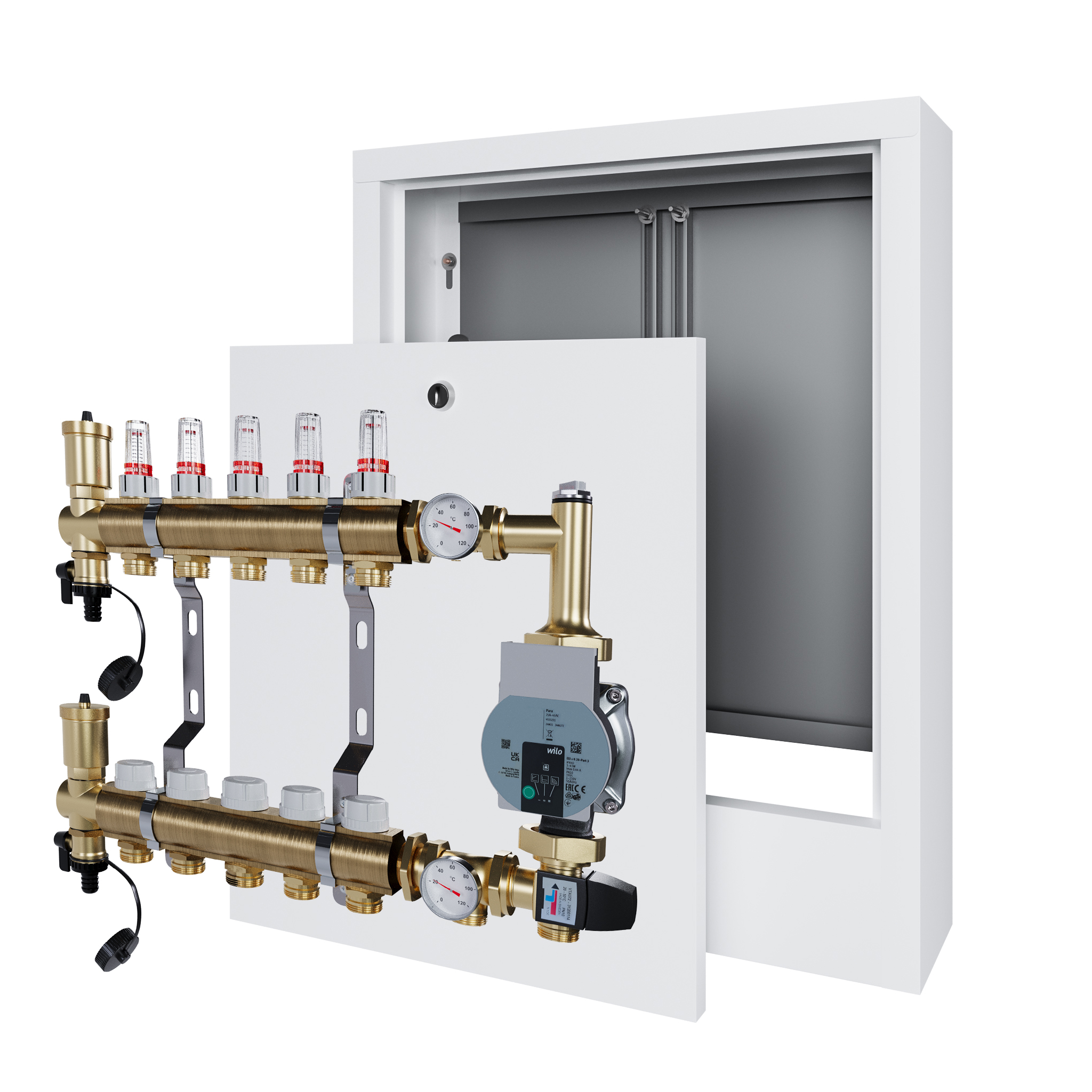 Rozdělovač pro podlahovku 5 s čerpací skupinou Wilo a nástěnným boxem