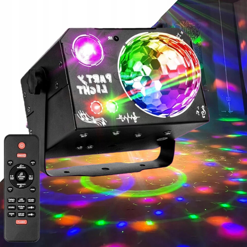 EFEKT ŚWIETLNY LED OŚWIETLENIE DISCO NA IMPREZĘ LASER KULA RGB + PILOT 4W1