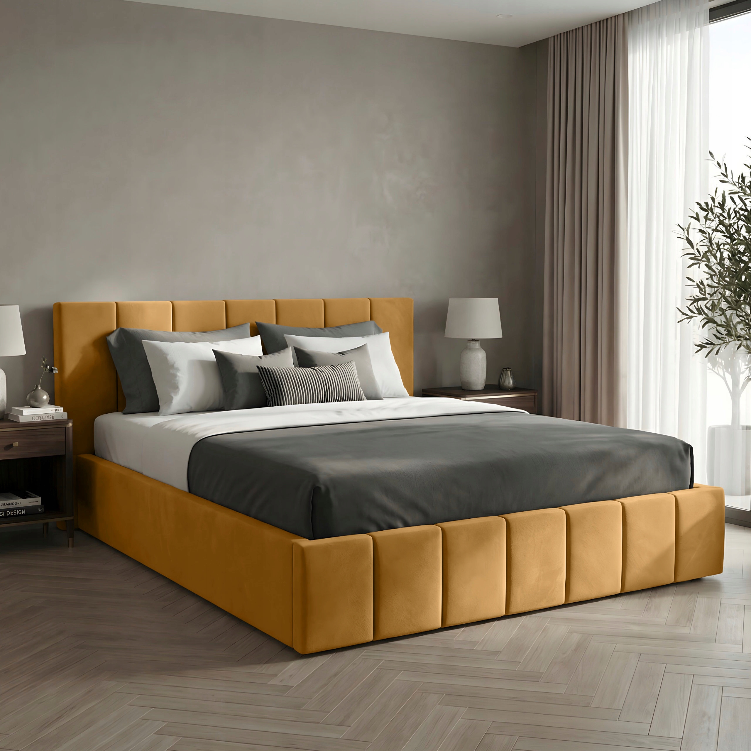 Čalouněná Postel Do Ložnice 160x200 Lůžko Premium S Úložným Prostorem Žlutá