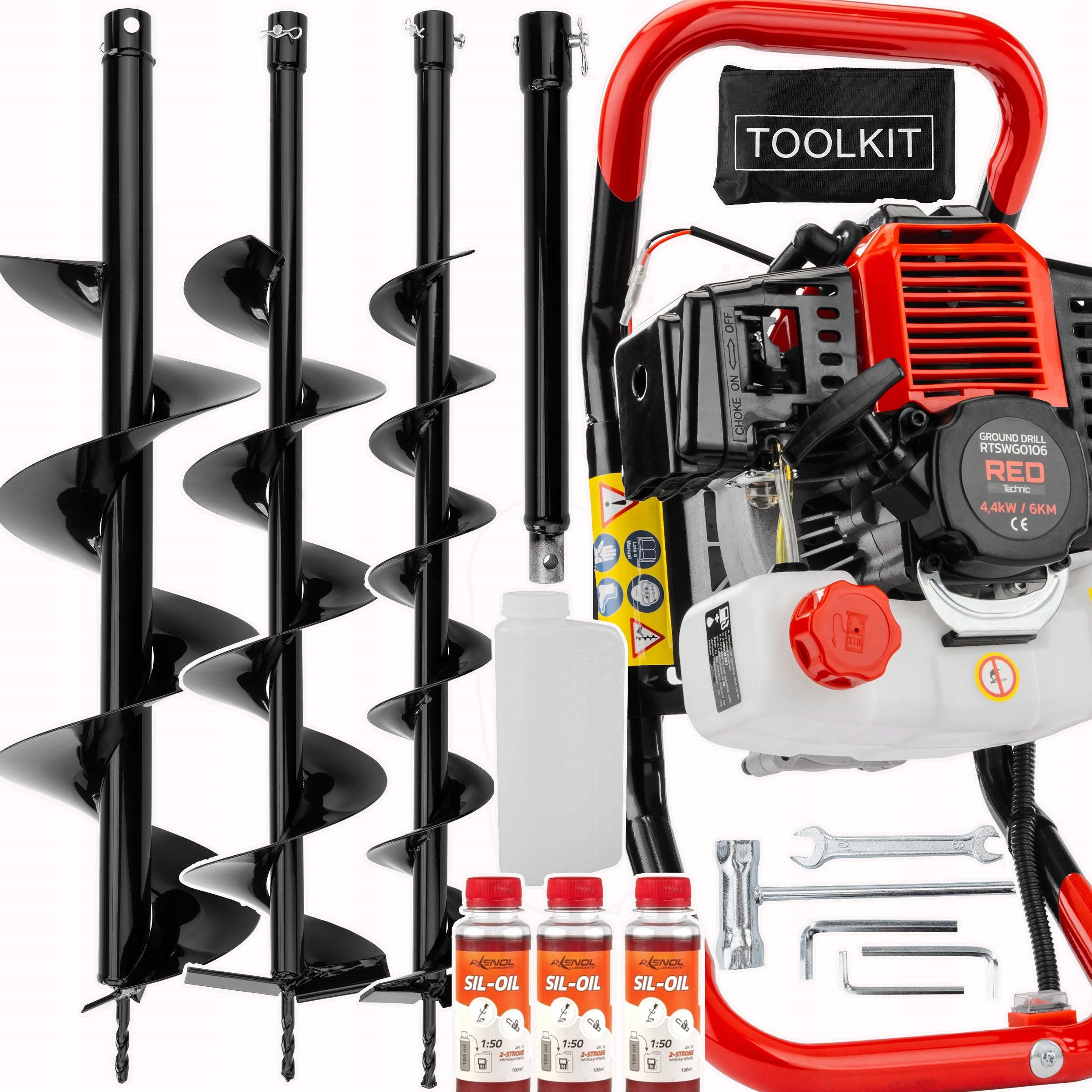 Zemní Vrtací Souprava Zemní Vrták 6 Hp 3 Vrtáky Prodloužení 3 X Olej