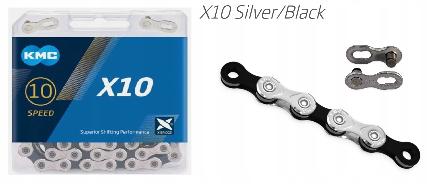 Łańcuch rowerowy Kmc X10 Silver/Black 10rz. 122ogniw spinka Box