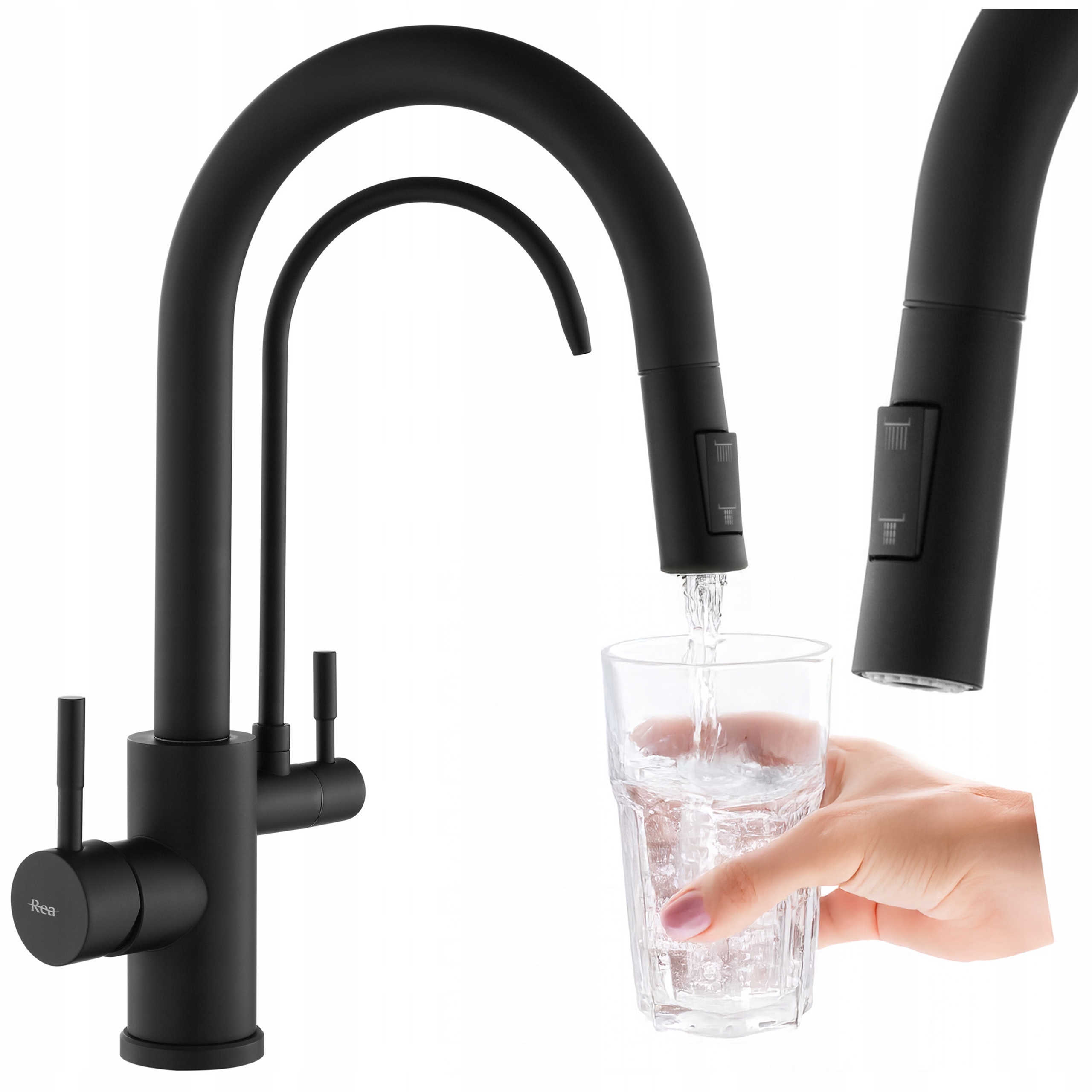 Trojcestná kuchynská batéria do filtra s výsuvným elastickým výtokom, čierna