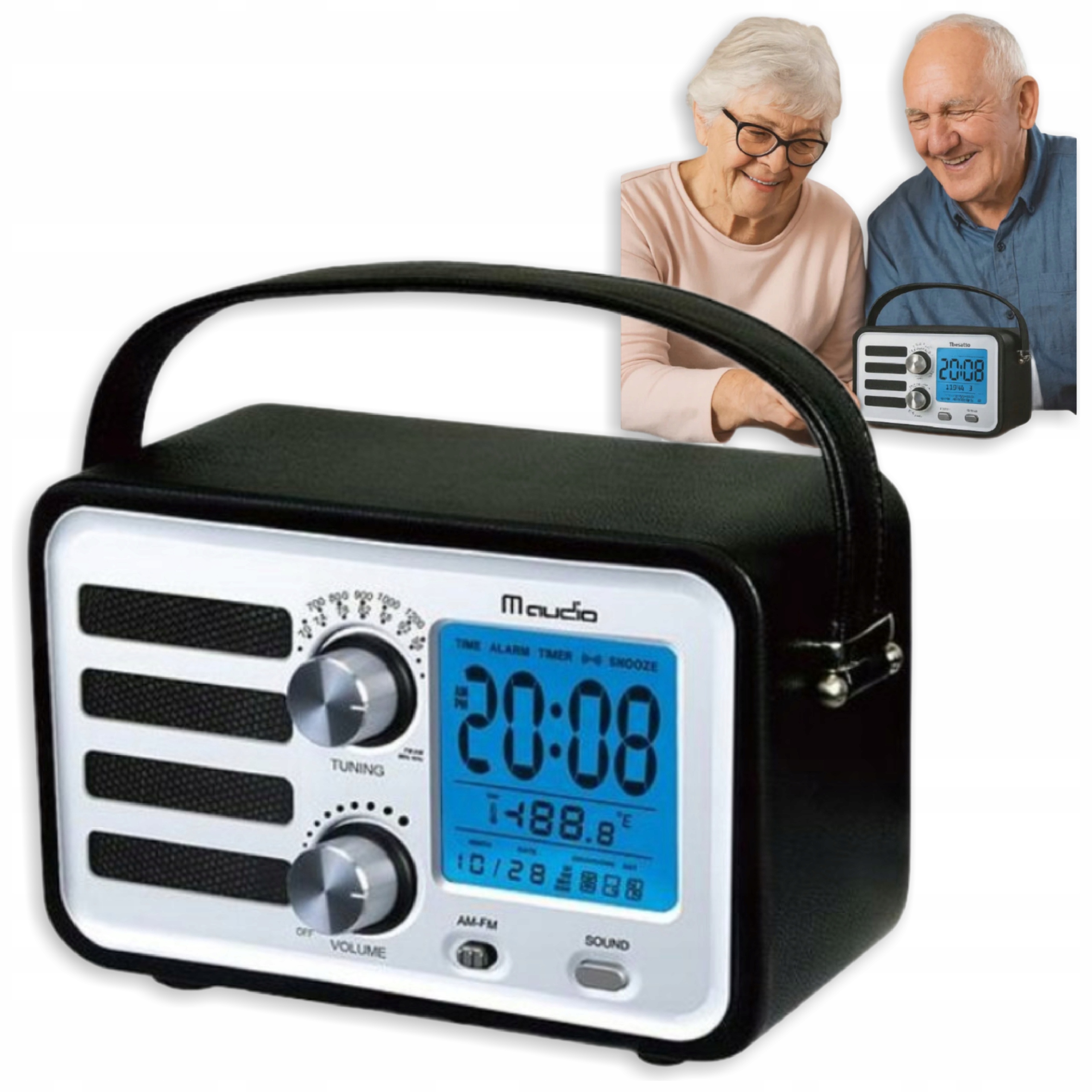 Radio LCD Retro Czarne Budzik Aux Am Fm Termometr Zegarek Elegancja Klasyk