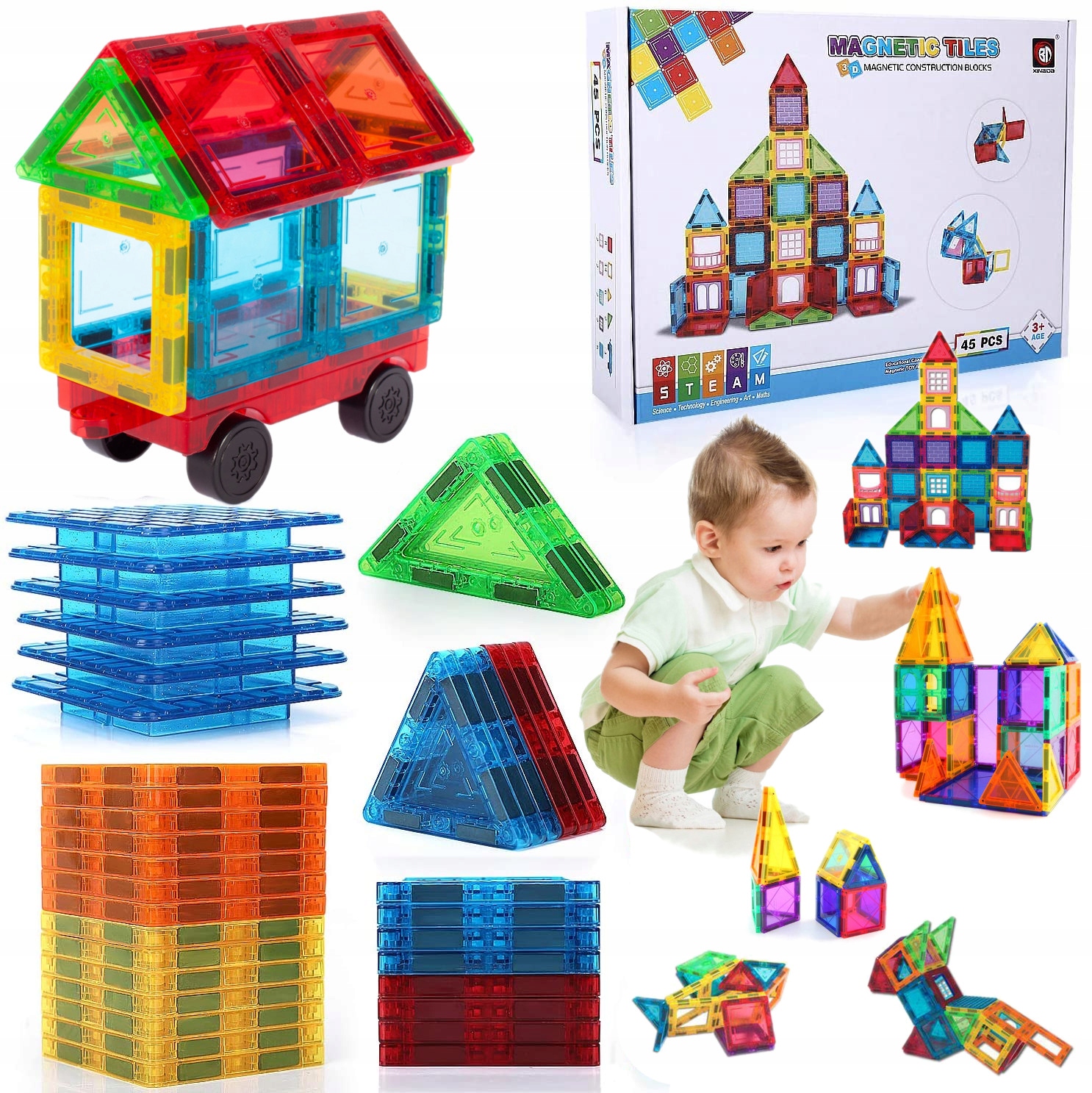 KLOCKI MAGNETYCZNE KONSTRUKCYJNE 3D DUŻE PANELE MEGNETIC TILES 45 elem.