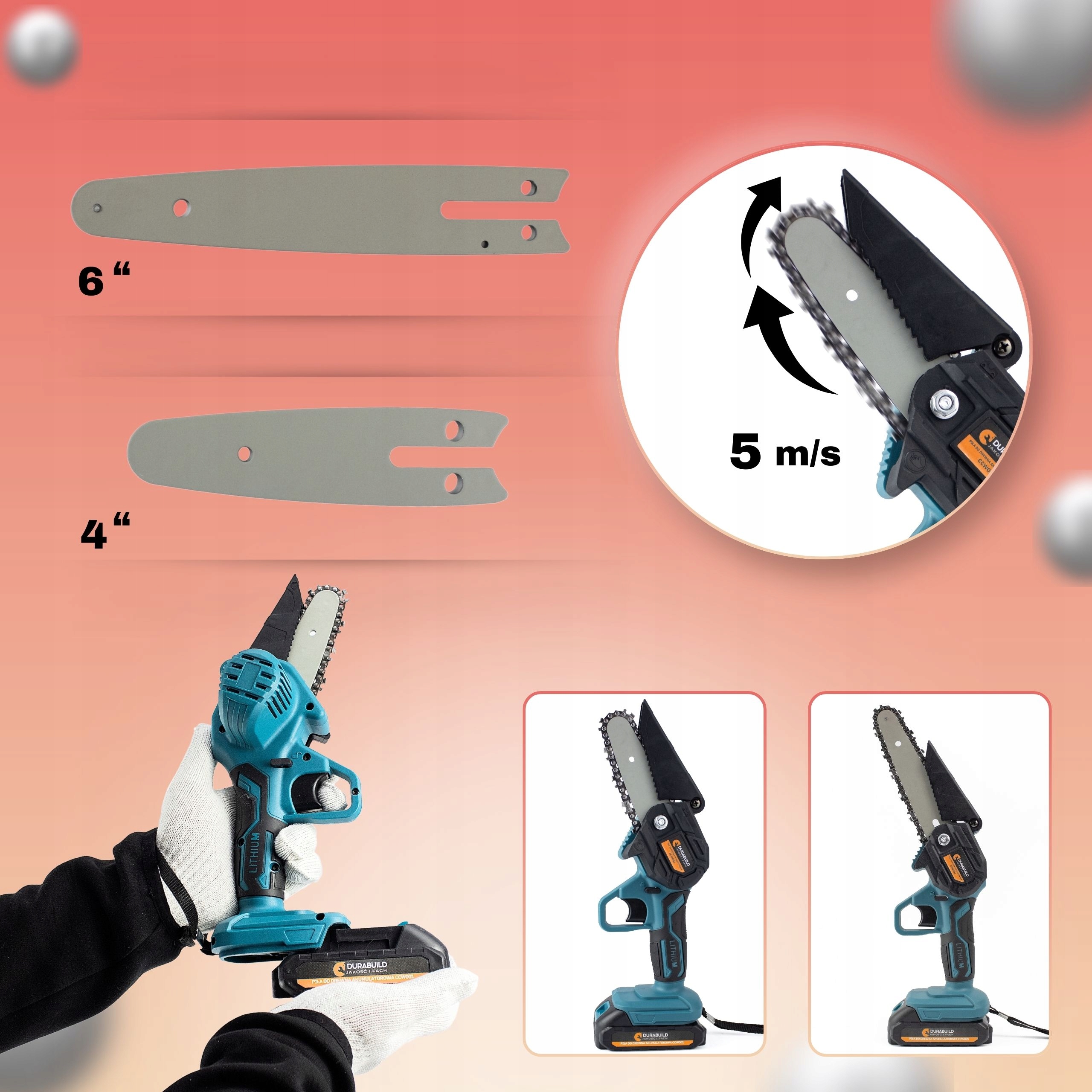 PIŁA ŁAŃCUCHOWA AKUMULATOROWA MINI PILARKA Z WYSIĘGNIKIEM REGULOWANYM 166CM Długość prowadnicy 19 cm