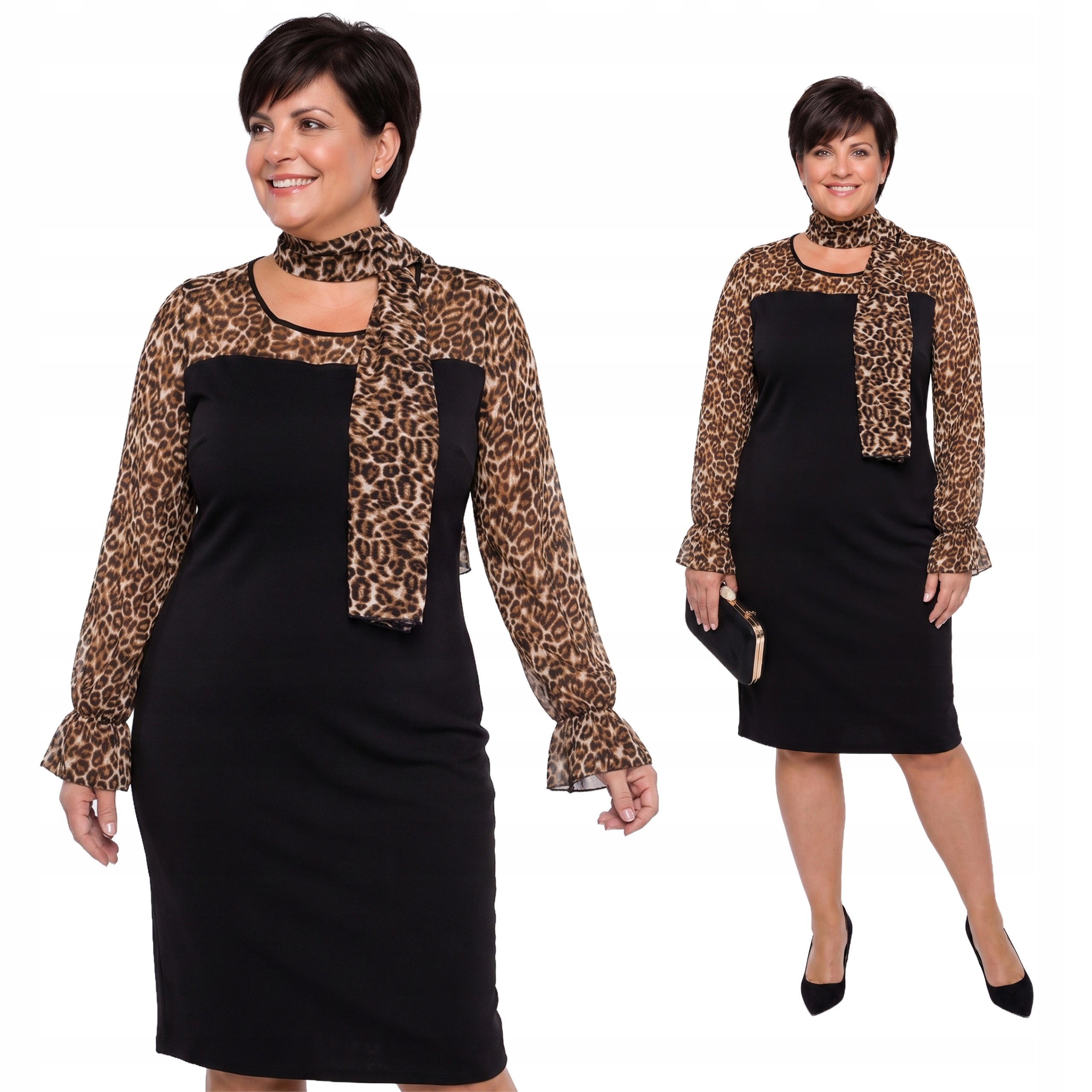 Šifonová šaty s hnědým vzorem plus size velikost 64
