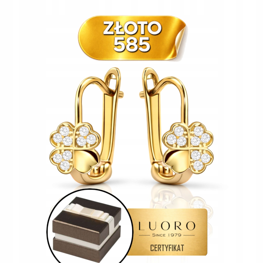 Náušnice Zlaté 585 14K Čtyřlístek Zirkon Anglické Zapínání 11,5 MM