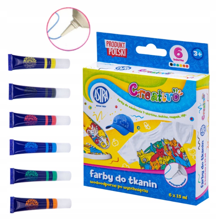 

Farby do tkanin ubrań 6 kol 15ml Creativo Astra