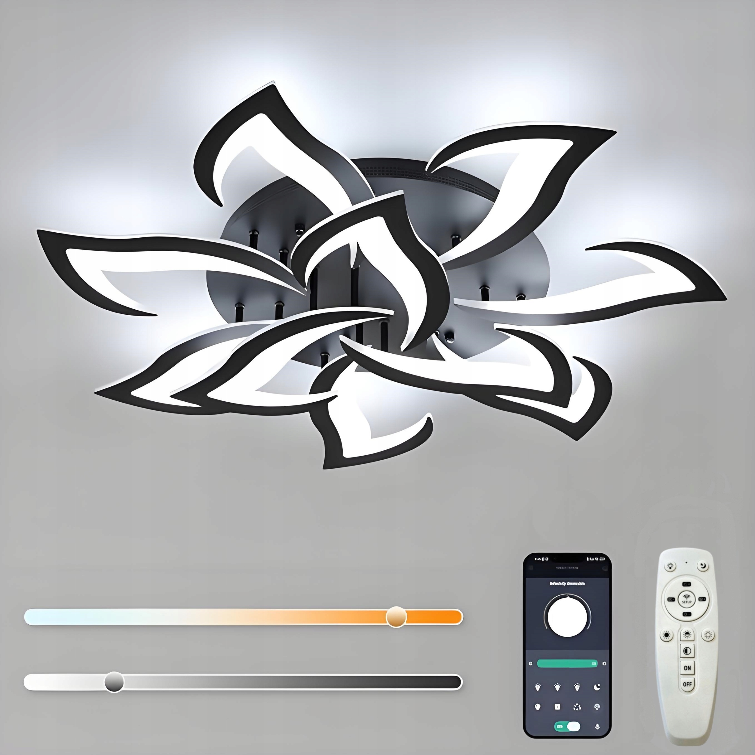 Lampa Sufitowa Czarna Duża Kwiat Lotosu Plafon Żyrandol Led Z Pilotem 100W