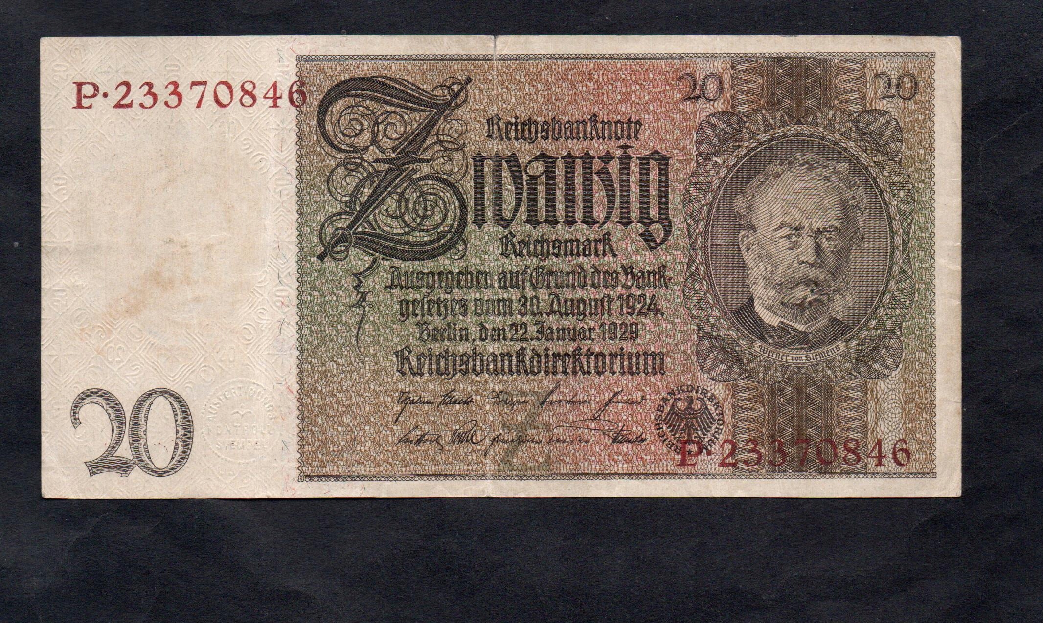 BANKNOT NIEMCY -- 20 reichsmark -- 1924 / 1929 rok -- ser. P