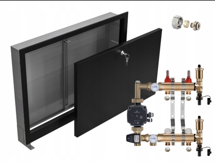 Rozdělovač pro podlahovku 2 s Pompou Grundfos+pex+podomítková Skříňka Černá