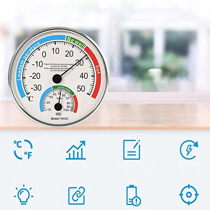 TERMOMETR HIGROMETR WILGOTNOŚCI POKOJOWY ANALOGOWY Funkcje pomiar temperatury wewnętrznej