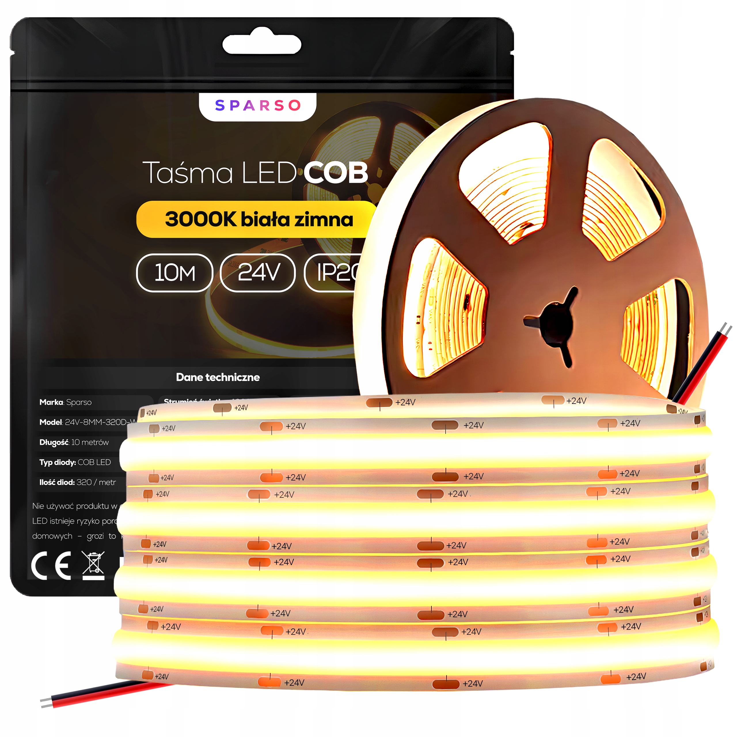Taśma Led Cob Neon 10m 24V 3000K Biała Ciepła 320 LED/m Mocna bezpunktowa