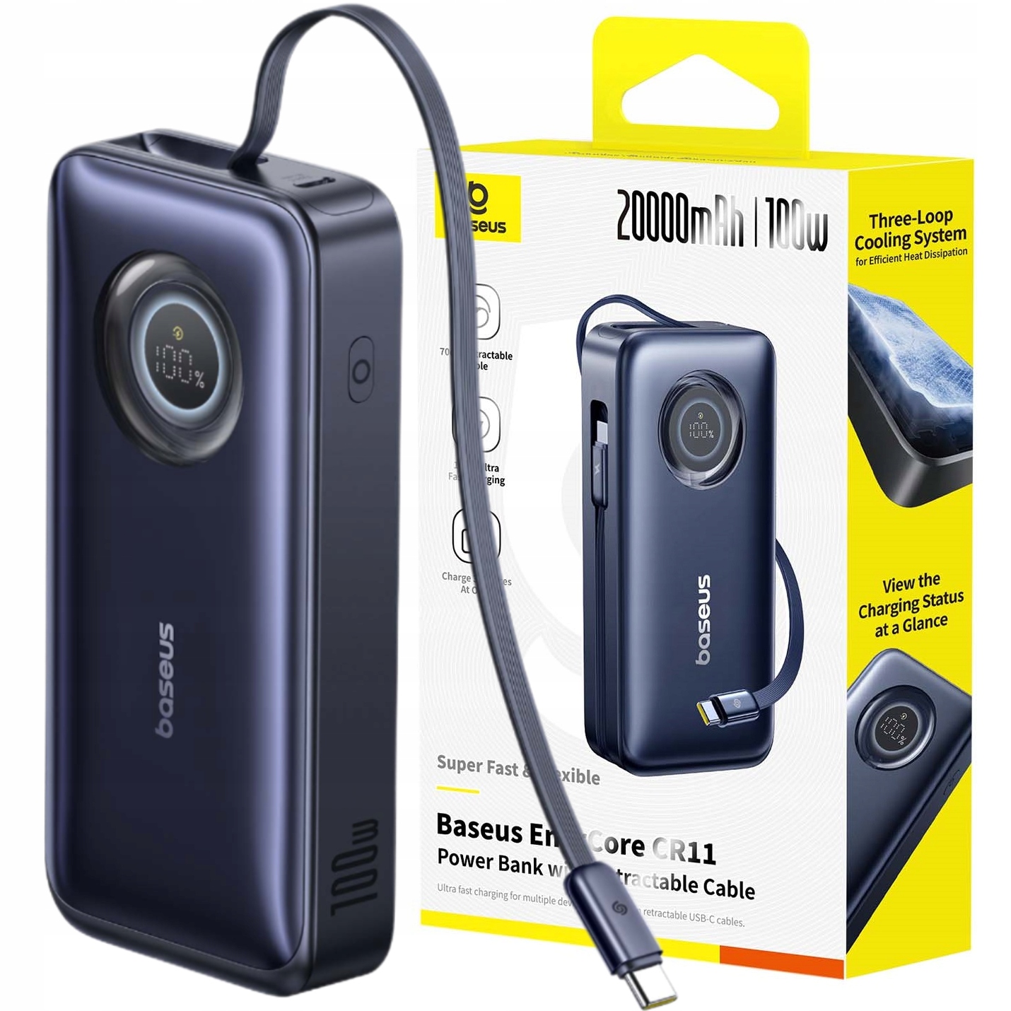 Baseus Powerbank 20000MAH 100W Usb-c Rýchle Nabíjanie Výsuvný Led Kábel
