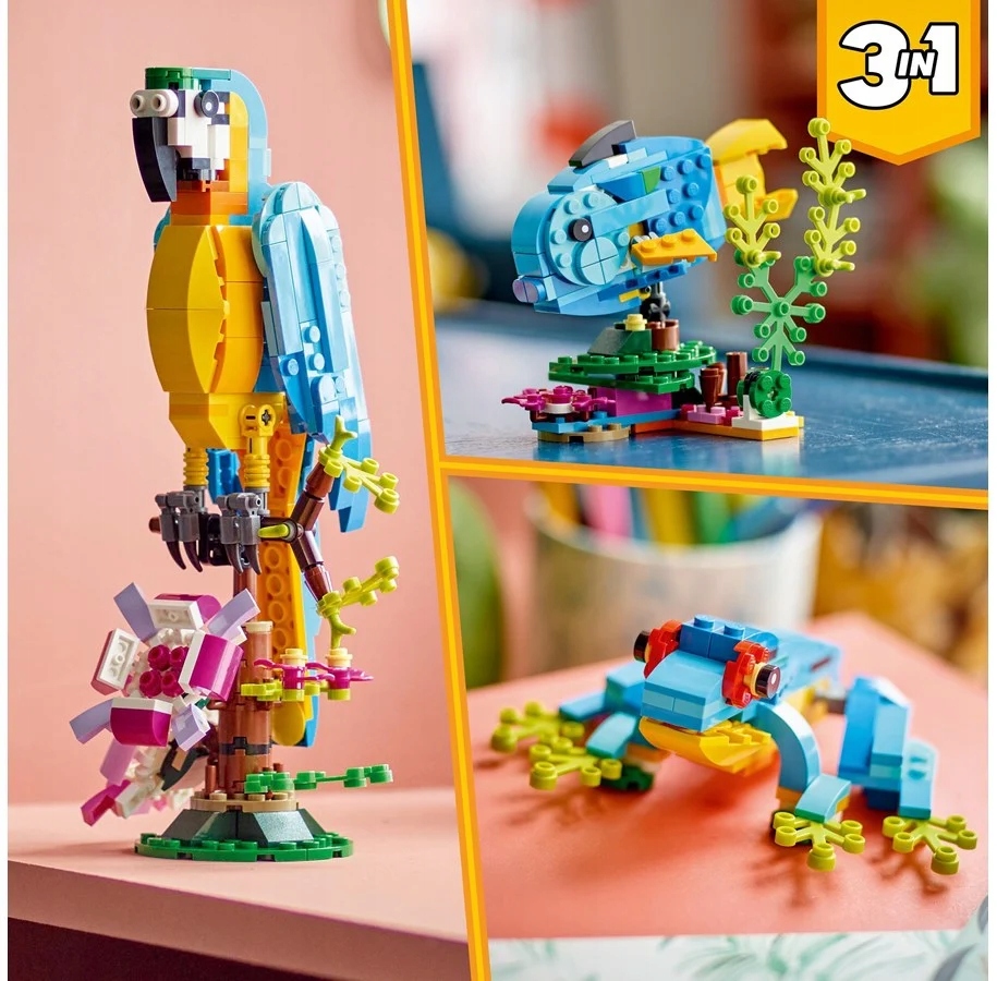 stavebnice Lego Creator 3v1 Exotický papoušek 31136 – přestav si rybu nebo žábu